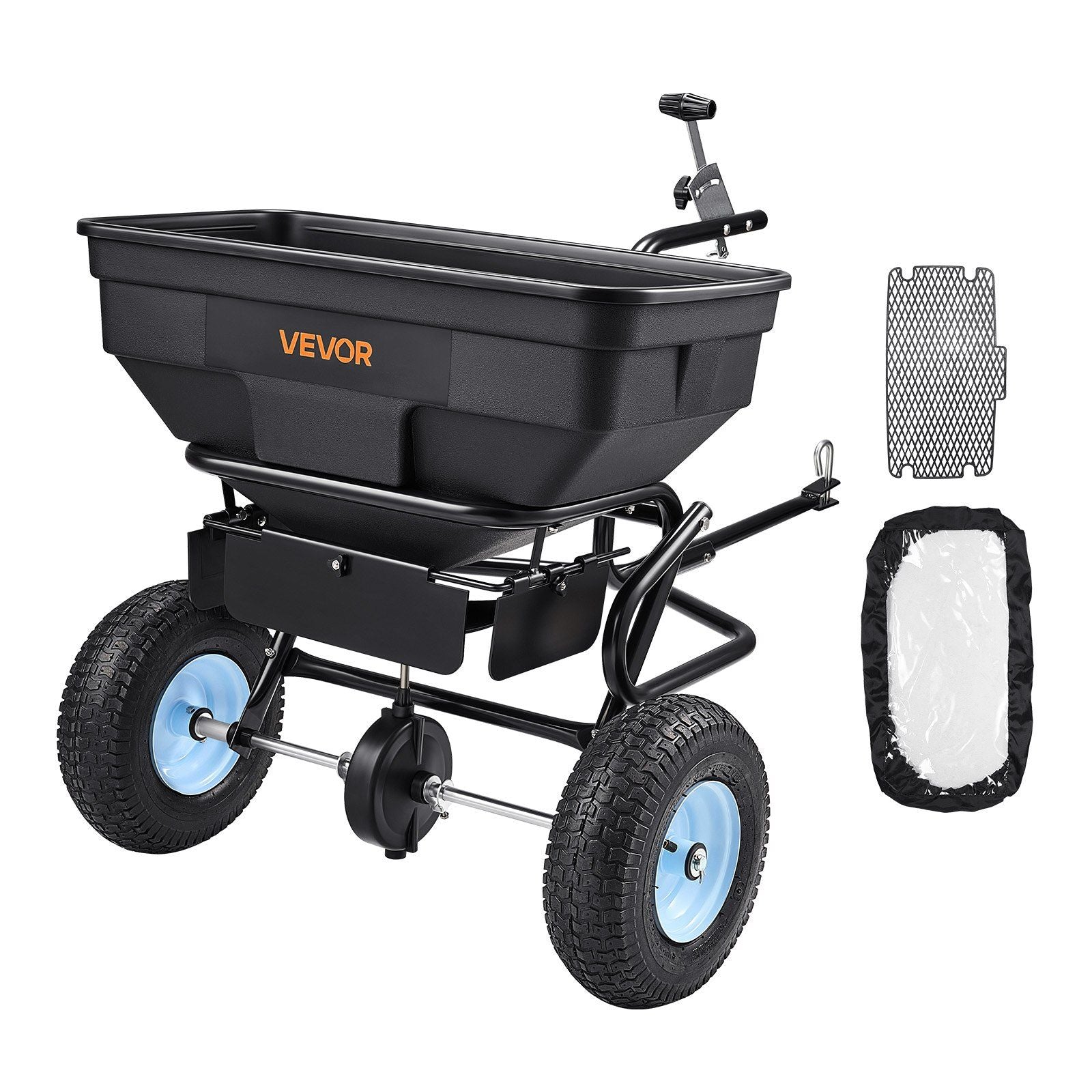 Tow Behind Broadcast Spreader, 130LBS Capacity, Tow/Push Garden Spreader with 13 in Tires, 30 Adjustable Setting & 9.8 ft Spreading Width, Lawn Spreaders for Seed, Fertilizer, Salt, Ice Melt