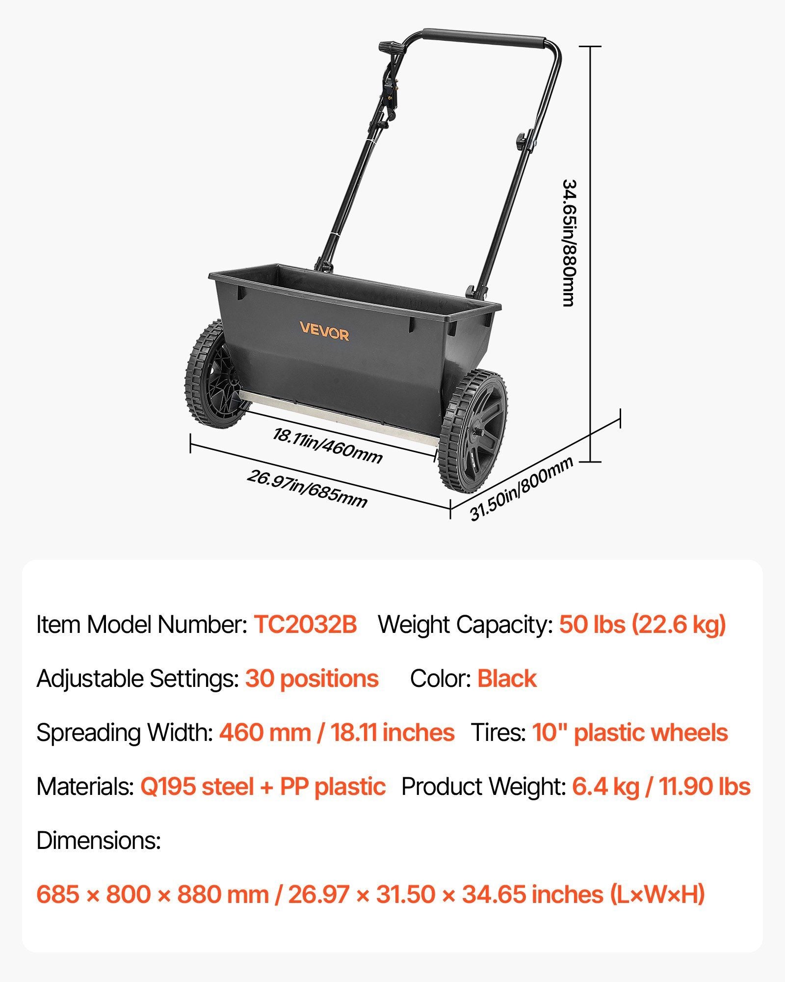 Walk-Behind Push Spreader, 22.6 kg Capacity, Drop Spreader with Hopper Grate, 18 in Spreading Width & 30 Settings, 10 in All Terrain Tires, Garden & Lawn Spreaders for Seed, Fertilizer