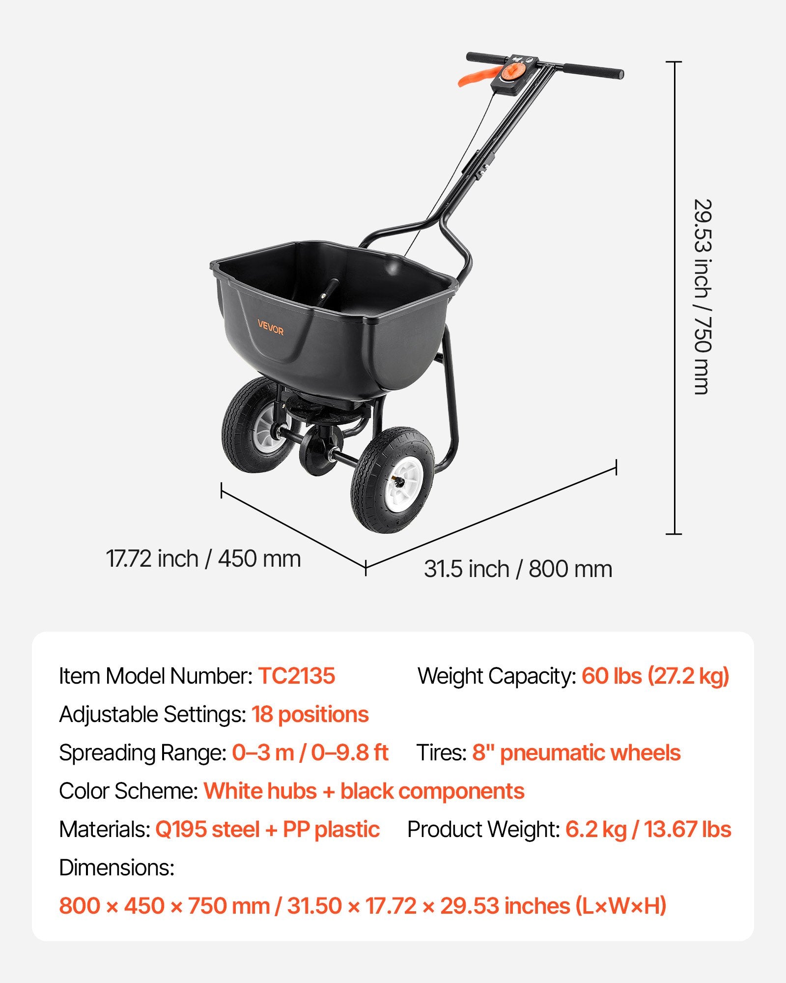 VEVOR Walk Behind Spreader, 60LBS Capacity, Push Spreader with Hopper Grate, 0-9.8 ft Spreading Width, 8 in All Terrain Pneumatic Tires, Garden & Lawn Broadcast Spreaders, for Seed, Fertilizer