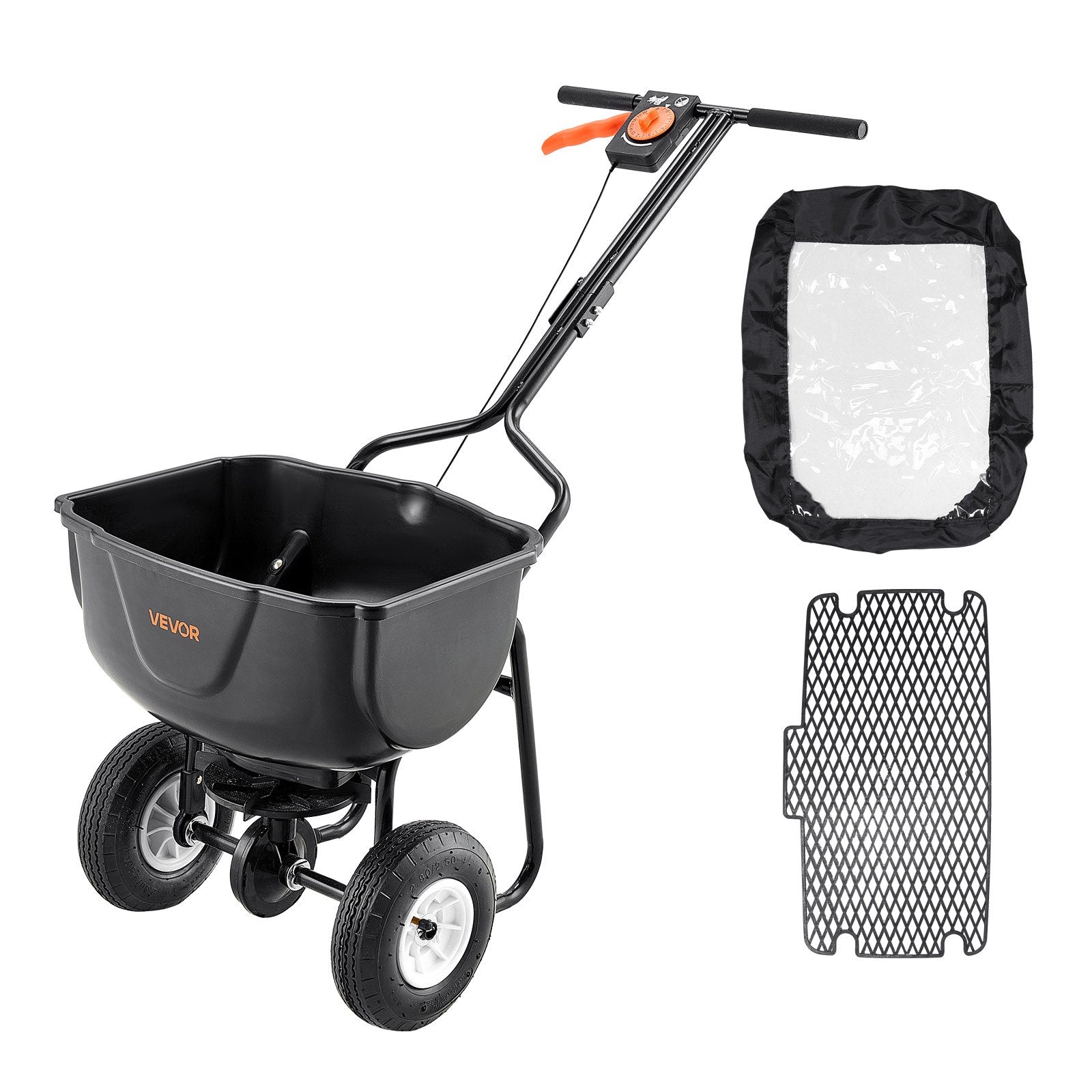 VEVOR Walk Behind Spreader, 60LBS Capacity, Push Spreader with Hopper Grate, 0-9.8 ft Spreading Width, 8 in All Terrain Pneumatic Tires, Garden & Lawn Broadcast Spreaders, for Seed, Fertilizer
