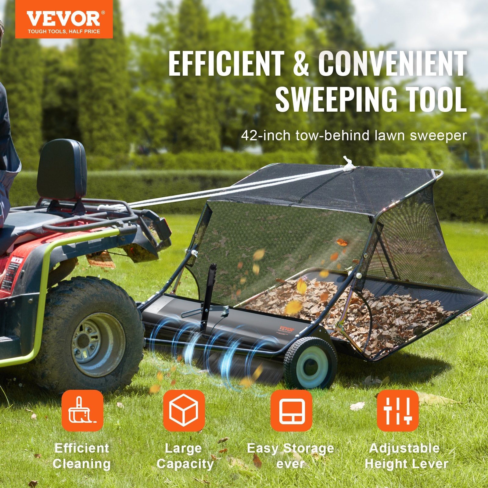 VEVOR 106.6 cm Lawn Sweeper Tow Behind, 12 cu.ft. Large Pull Behind Grass Sweeper, Heavy Duty Leaf & Grass Collector with Dumping Rope Design, Adjustable Sweeping Height for Picking Up Debris & Grass