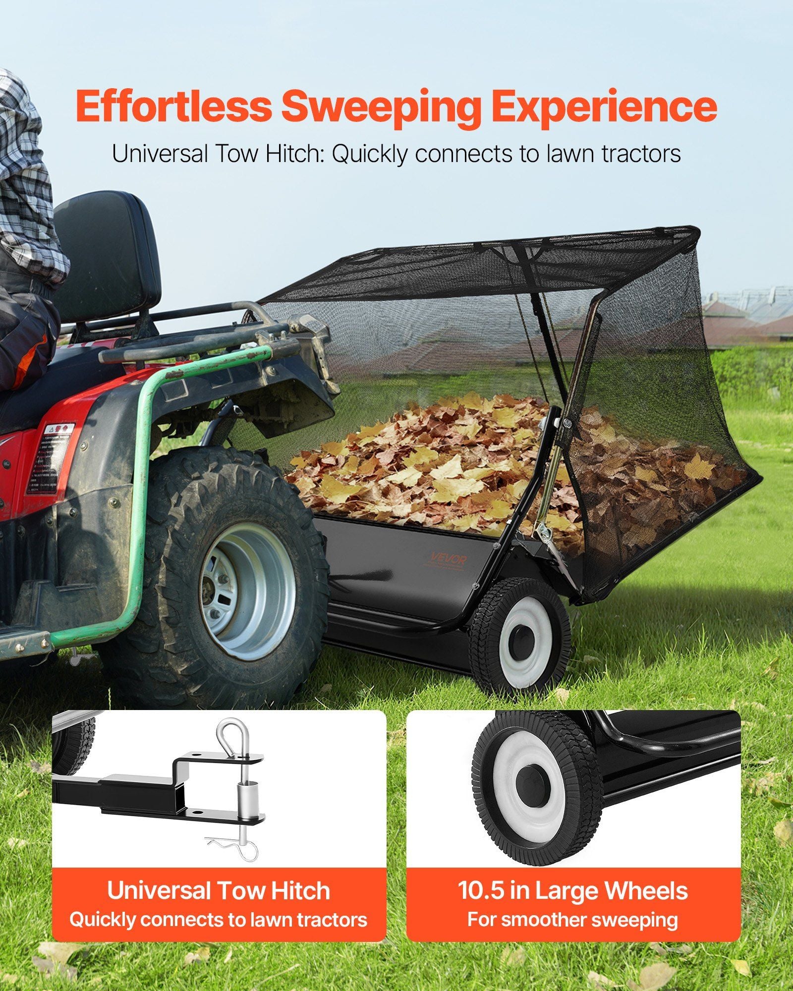 Tow Behind Lawn Sweeper, 122cm Pull Behind Yard Sweeper, 26 cu. ft Hopper Bag Capacity, Leaf & Grass Collector with Dumping Rope, Adjustable Sweeping Height, Garden Sweepers for Lawn Farm