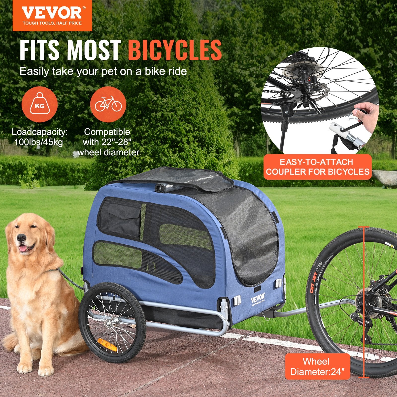 VEVOR Dog Bike Trailer, Supports up to 45 kg, Pet Cart Bicycle Carrier, Easy Folding Frame with Quick Release Wheels, Universal Bicycle Coupler, Reflectors, Flag, Collapsible to Store, Blue/Black