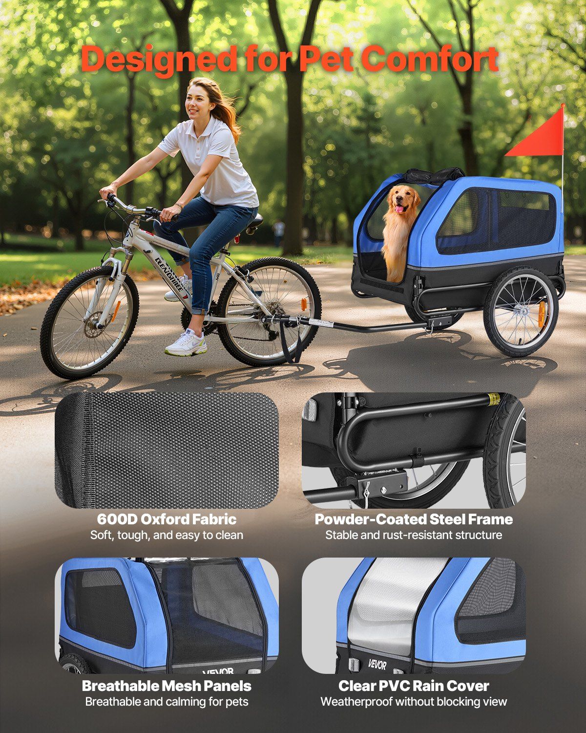 Dog Bike Trailer, Supports up to 40 kg, Pet Cart Bicycle Carrier for Small & Large Dogs, Easy Folding Frame with Quick Release Wheel, Universal Bicycle Coupler, Reflector, Flag, Internal Leash