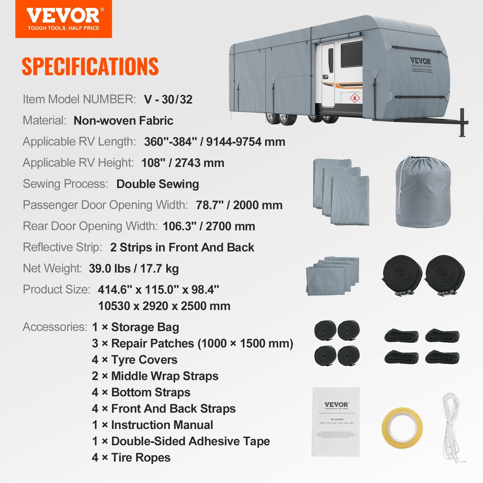 VEVOR Travel Trailer Cover, 9.1-9.8m RV Cover, 4-Layer Non-Woven Fabric Camper Cover, Waterproof, Windproof And Wear-Resistant Class A RV Cover, Rip-Stop Camper Cover with Storage Bag and Patches