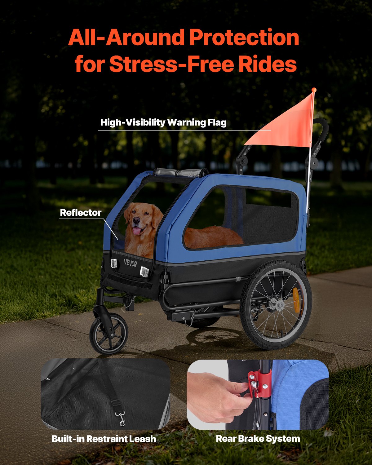VEVOR Dog Bike Trailer, Supports up to 40 kg, 2-in-1 Pet Stroller Cart Bicycle Carrier for Small & Large Dogs, Easy Folding Frame with Quick Release Wheel, Universal Bicycle Coupler, Internal Leash