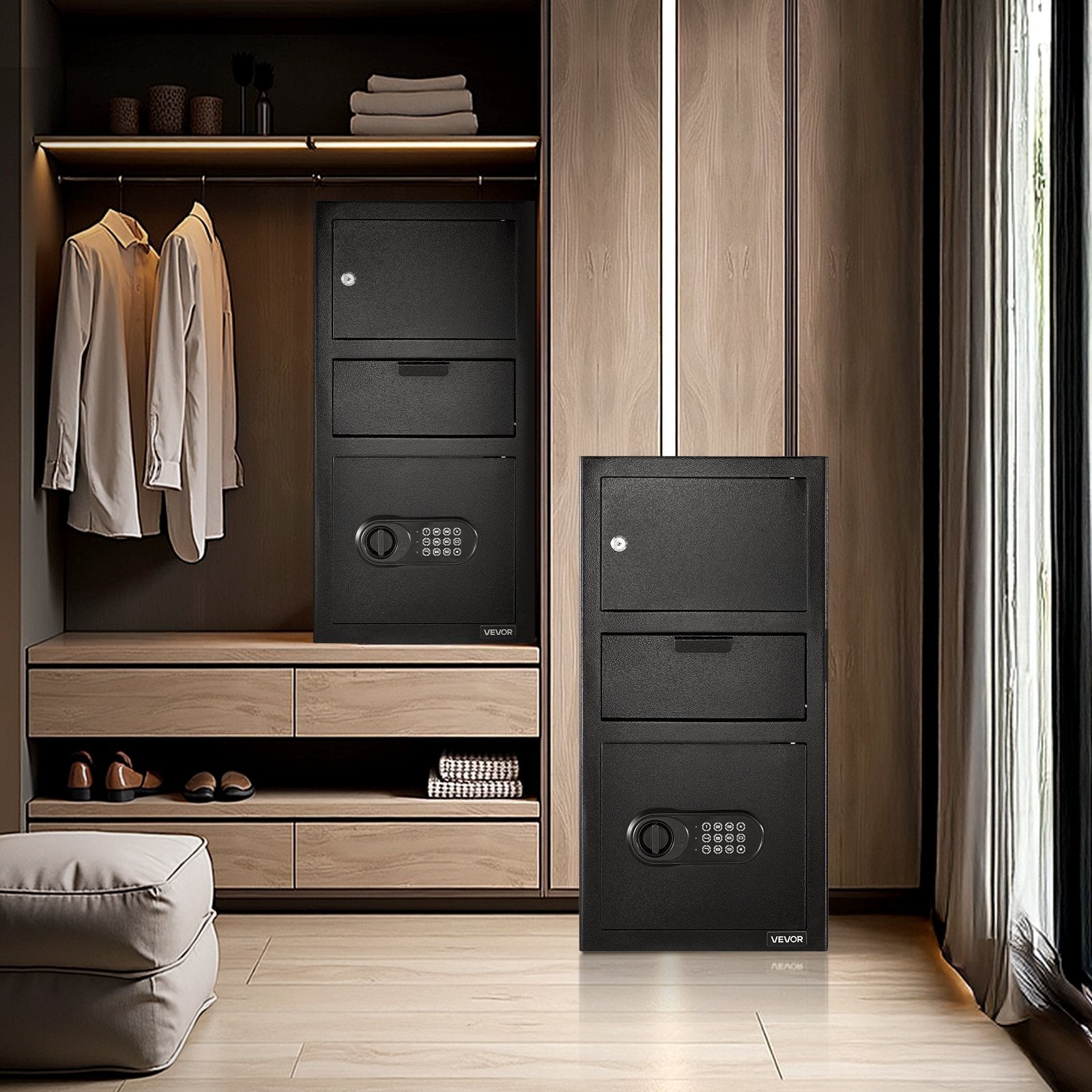 VEVOR 3.6 Cubic Feet Drop Safe, Large Capacity Front Drop Slot Safe Box with Digital Keypad, Heavy Duty 3 Tiers Cash Depository Box with Spare Keys for Cash, Bank Slip, Jewelry, Document, Bill, Black