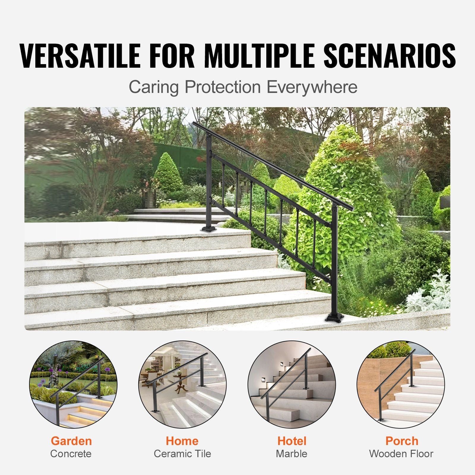 Outdoor Handrail 165LBS Load Handrail Outdoor Stairs Aluminum Stair Handrail 152 x 89.5 cm Outdoor Stair Railing Transitional Range from 0 to 30° Staircase Handrail Fits 4-5 Steps with Screw Kit