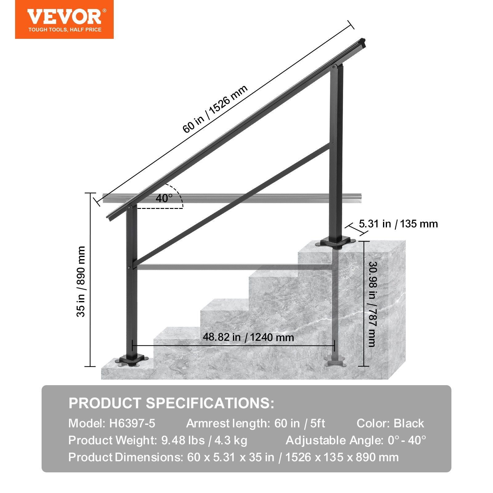 Outdoor Handrail 165LBS Load Handrail Outdoor Stairs Aluminum Stair Handrail 152 x 89.5 cm Outdoor Stair Railing Transitional Range from 0 to 30° Staircase Handrail Fits 4-5 Steps with Screw Kit