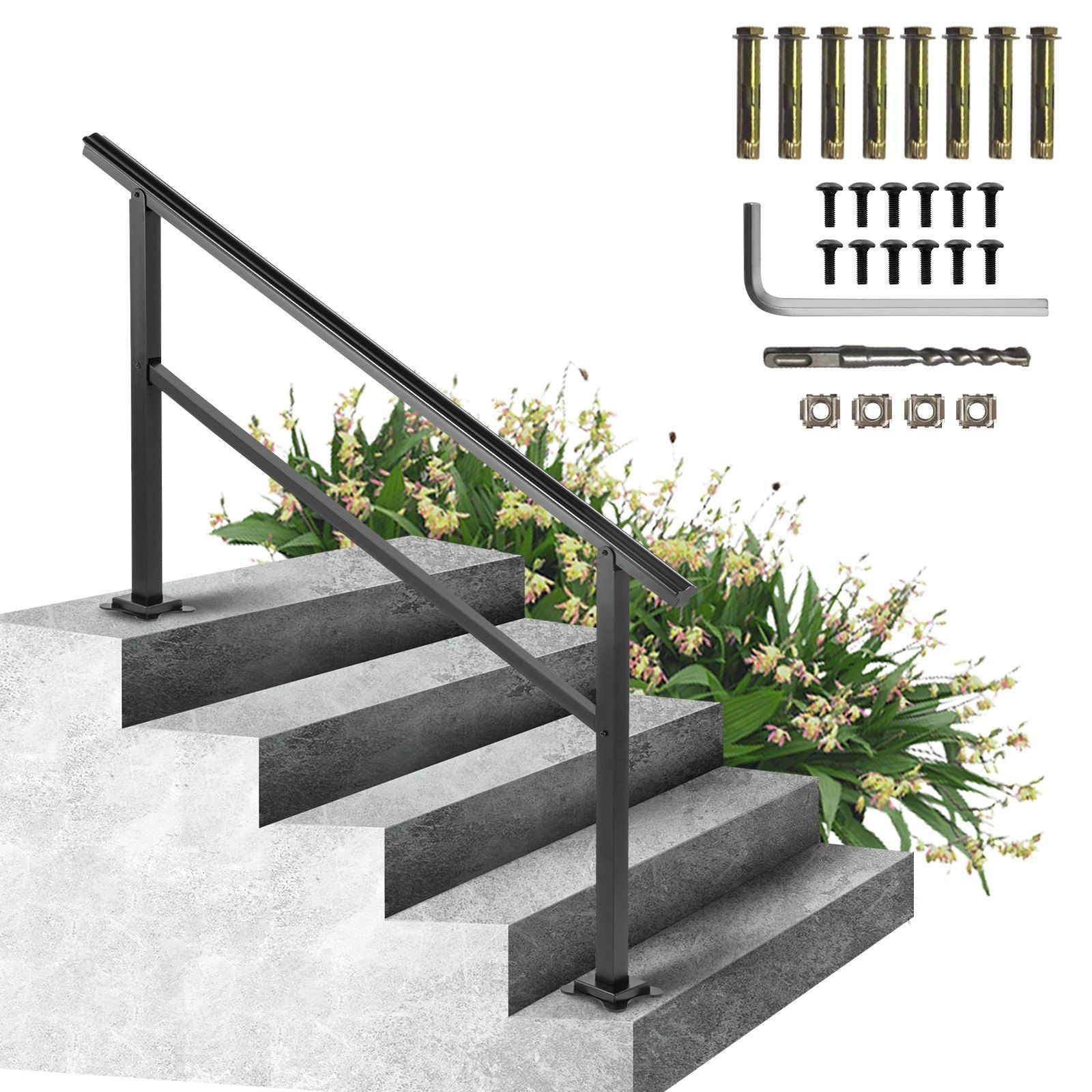 Outdoor Handrail 165LBS Load Handrail Outdoor Stairs Aluminum Stair Handrail 152 x 89.5 cm Outdoor Stair Railing Transitional Range from 0 to 30° Staircase Handrail Fits 4-5 Steps with Screw Kit