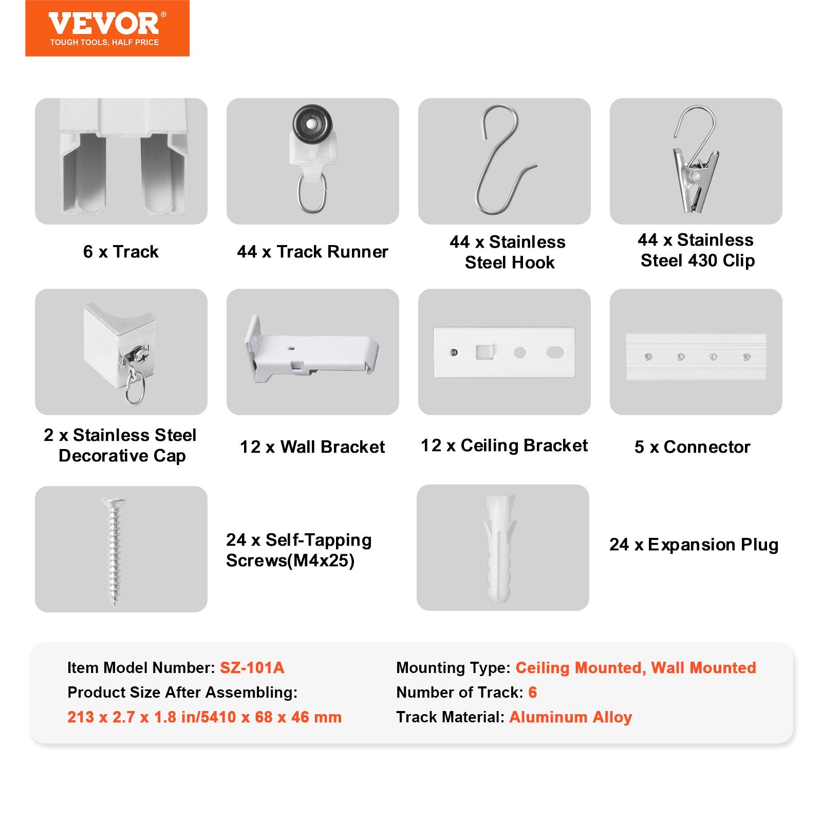VEVOR Ceiling Curtain Track Set 17.7 FT/5.4 Meter Room Divider with Hooks White