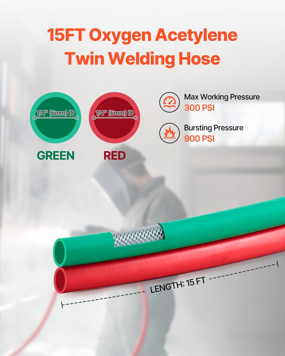 Oxygen Acetylene Hose, 1/4-Inch x 15FT Oxy Acetylene Hose with 9/16"-18 B Fitting, 300PSI T Grade Welding Cutting Torch Twin Hose, Compatible with Oxygen, Acetylene, Propane and Other Fuel Gases