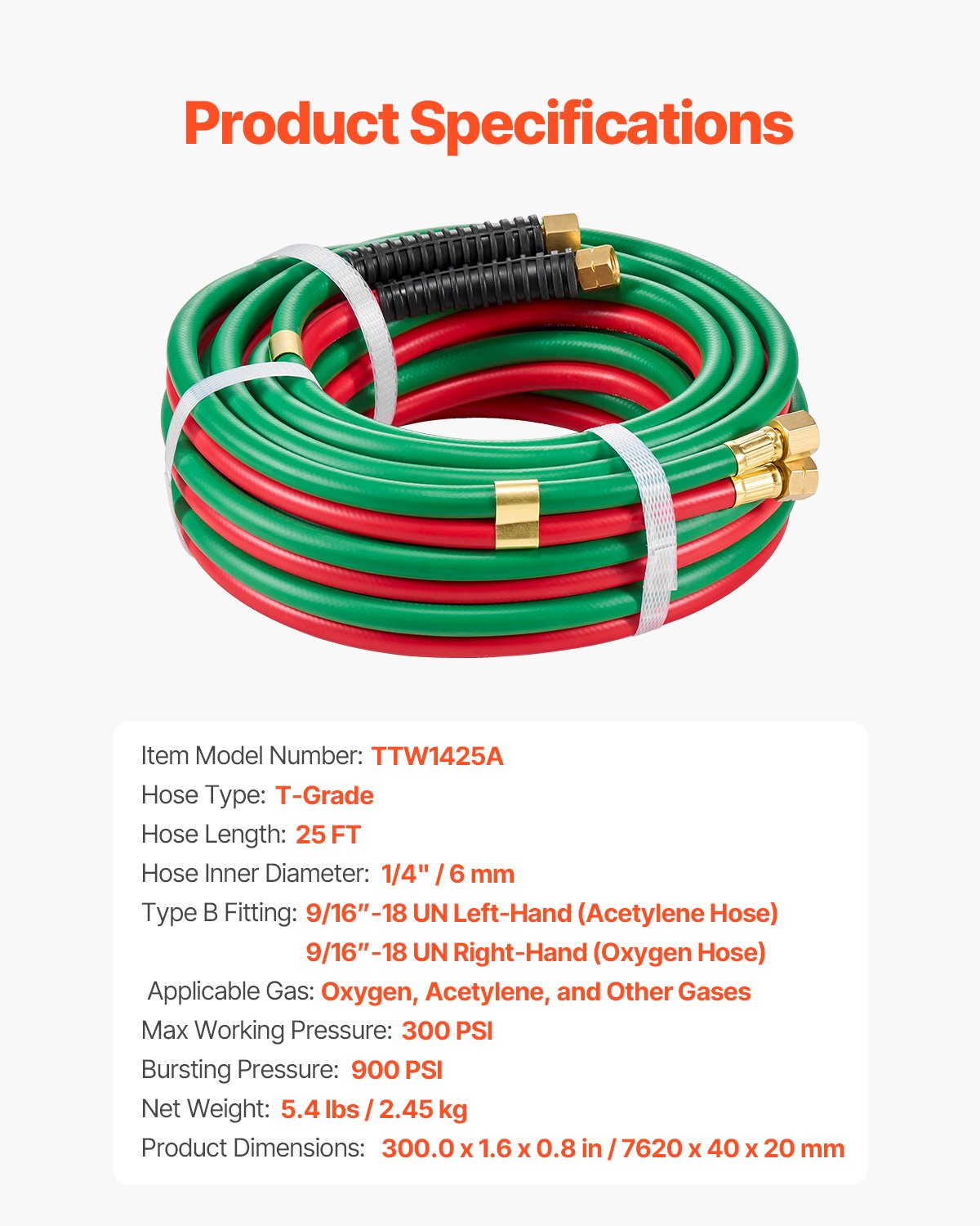 VEVOR Oxygen Acetylene Hose, 1/4-Inch x 25FT Oxy Acetylene Hose with 9/16"-18 B Fitting, 300PSI T Grade Welding Cutting Torch Twin Hose, Compatible with Oxygen, Acetylene, Propane and Other Fuel Gases