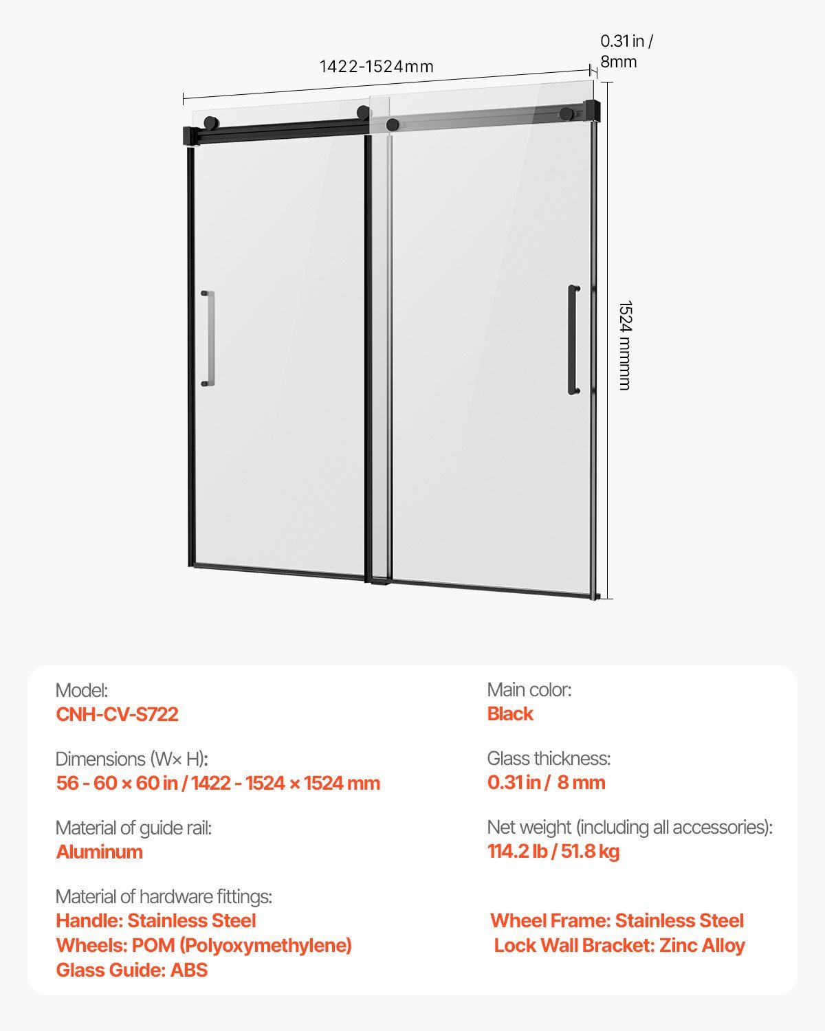 Frameless Sliding Bathtub Door, 1422-1524 mm x 1524 mm, Frameless Shower Glass Door, Frameless Double Sliding Tub Door with 5/16 in Clear Tempered Glass and Stainless Steel Handle, Black Finish