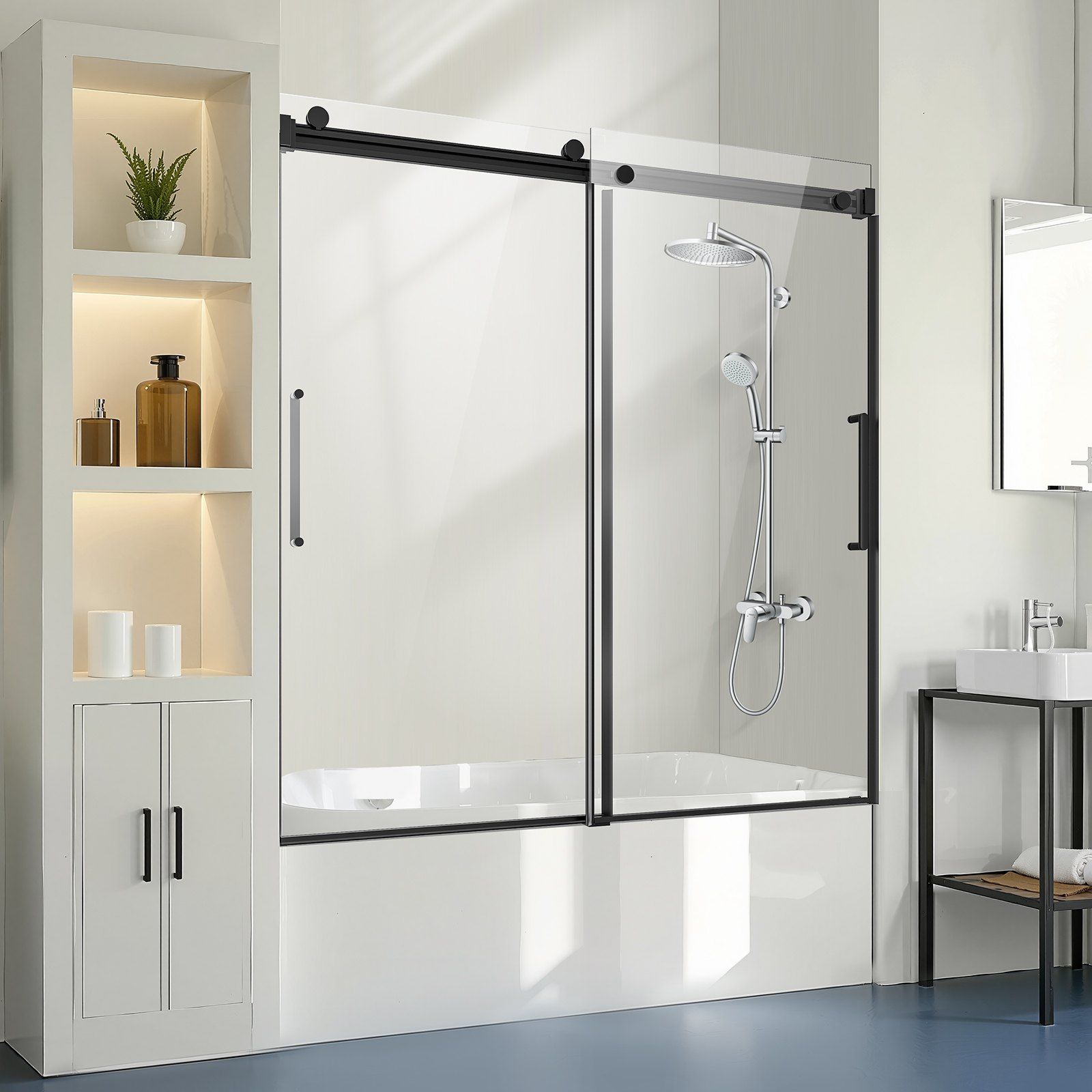 Frameless Sliding Bathtub Door, 1422-1524 mm x 1524 mm, Frameless Shower Glass Door, Frameless Double Sliding Tub Door with 5/16 in Clear Tempered Glass and Stainless Steel Handle, Black Finish