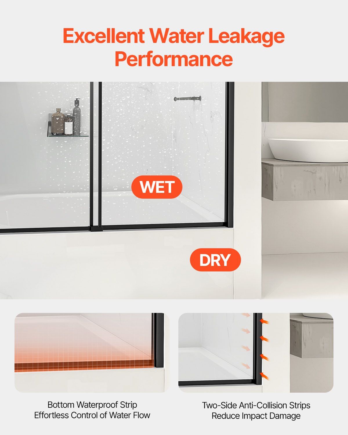 Bathtub Shower Door, 1422-1524 mm x 1524 mm, Semi-Frameless Double Sliding Tub Door, Semi-Frameless Bypass Tub Door with 1/4 in Shatterproof Tempered Glass and Stainless Steel Handle, Black