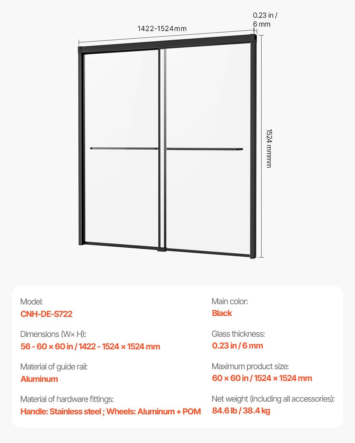 Bathtub Shower Door, 1422-1524 mm x 1524 mm, Semi-Frameless Double Sliding Tub Door, Semi-Frameless Bypass Tub Door with 1/4 in Shatterproof Tempered Glass and Stainless Steel Handle, Black