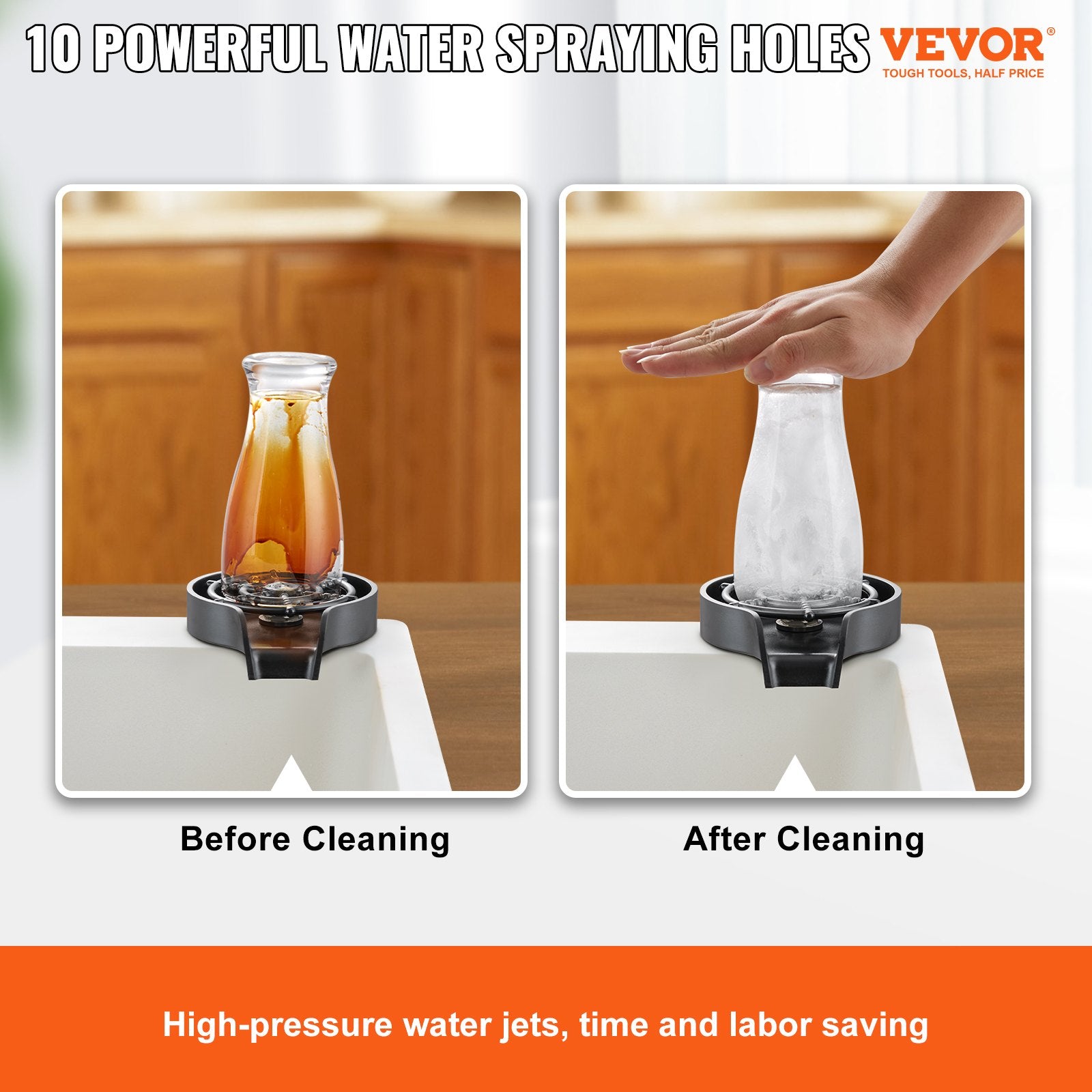 VEVOR Glass Rinser, 10 Powerful Spraying Jets Rotating Cup Rinser for Sink, Wearproof ABS Kitchen Sink Faucet Cup Washer & ABS Cup Holder for Baby Bottle, Glass Cup, Wine Glass (Black Base)