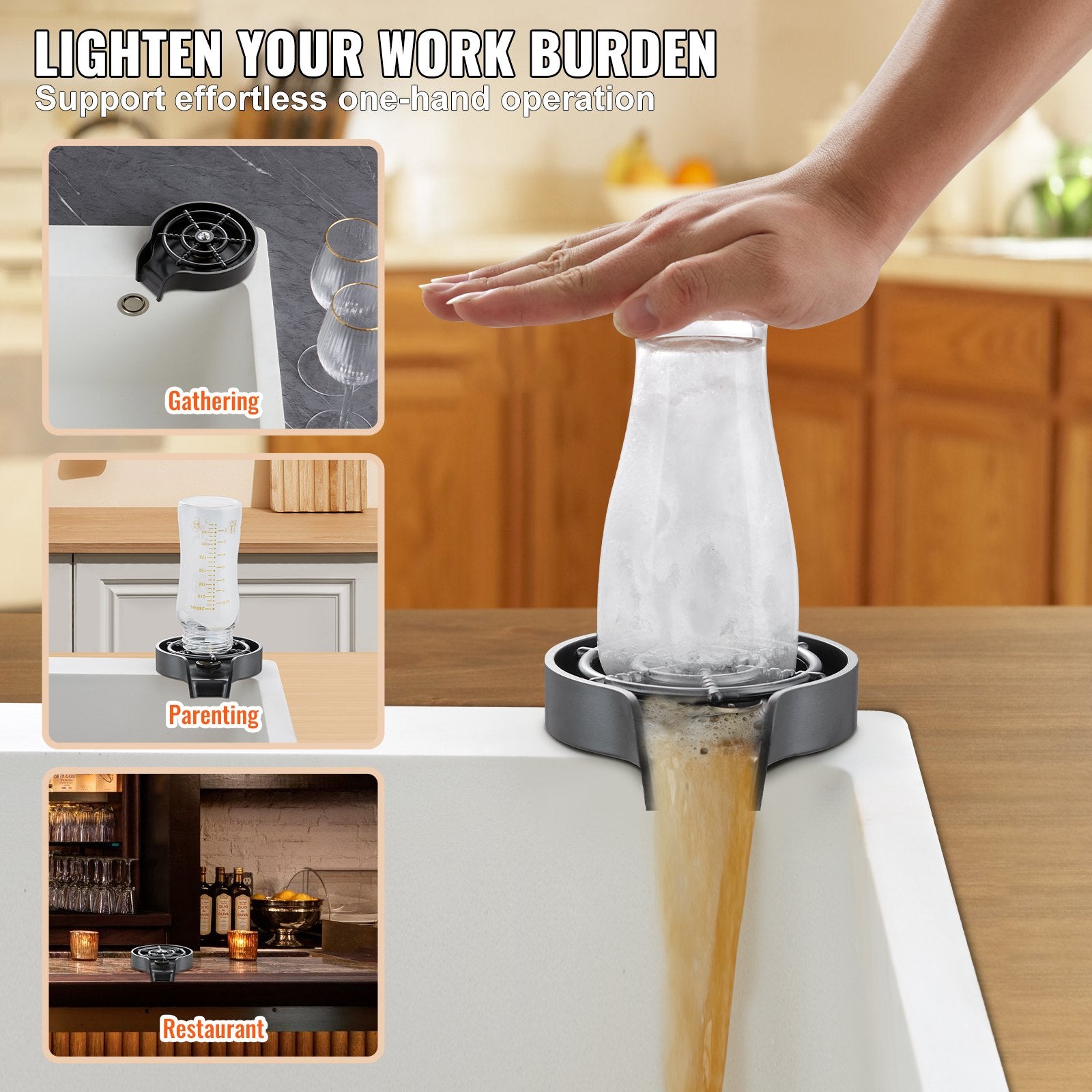 VEVOR Glass Rinser, 10 Powerful Spraying Jets Rotating Cup Rinser for Sink, Wearproof ABS Kitchen Sink Faucet Cup Washer & ABS Cup Holder for Baby Bottle, Glass Cup, Wine Glass (Black Base)