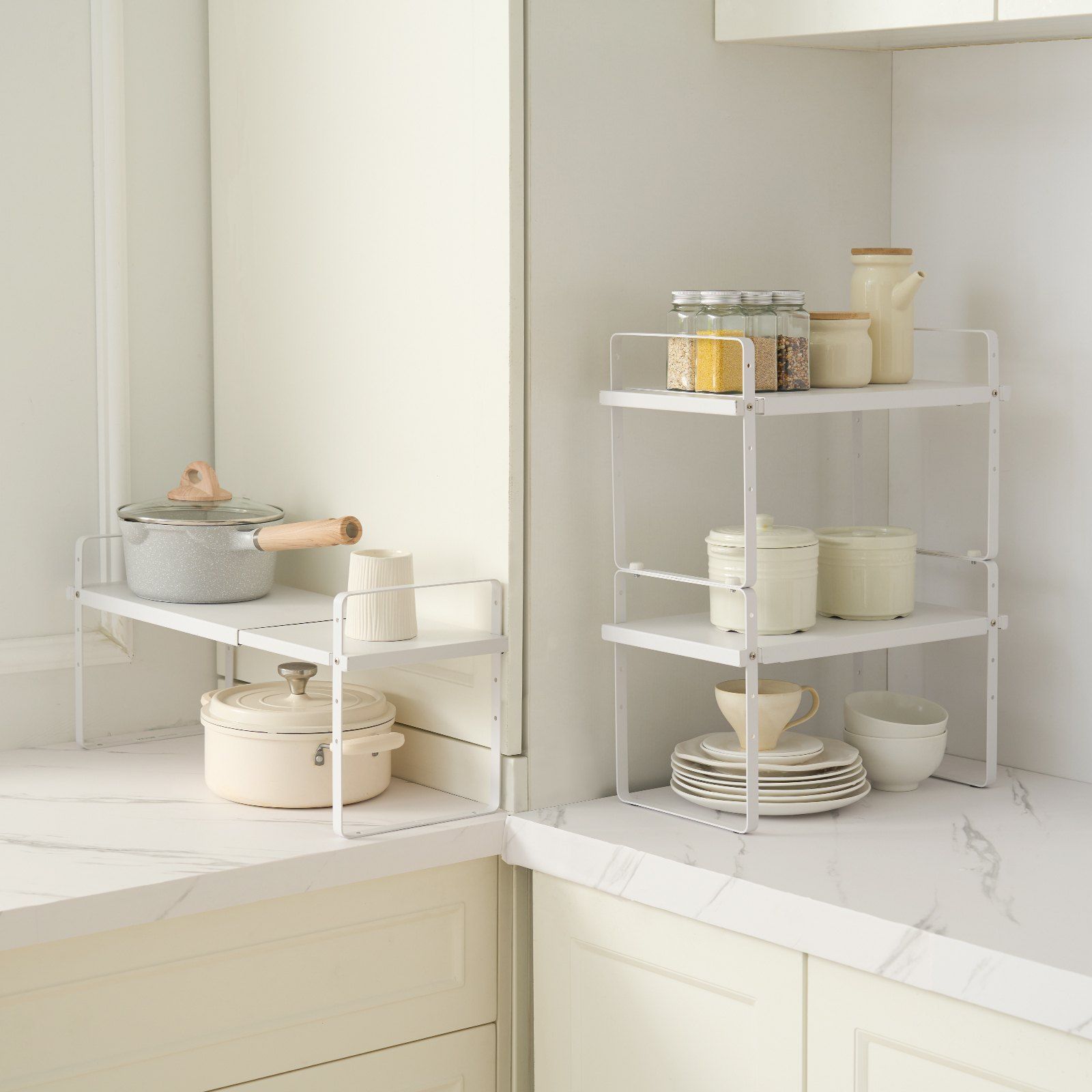 Adjustable Kitchen Cabinet Shelf Organizer, Expandable 2 Tier Cabinet Shelf, Stackable Countertop Organizers and Storage Shelf Risers, Pantry Organizers for Kitchen Bathroom Office, White