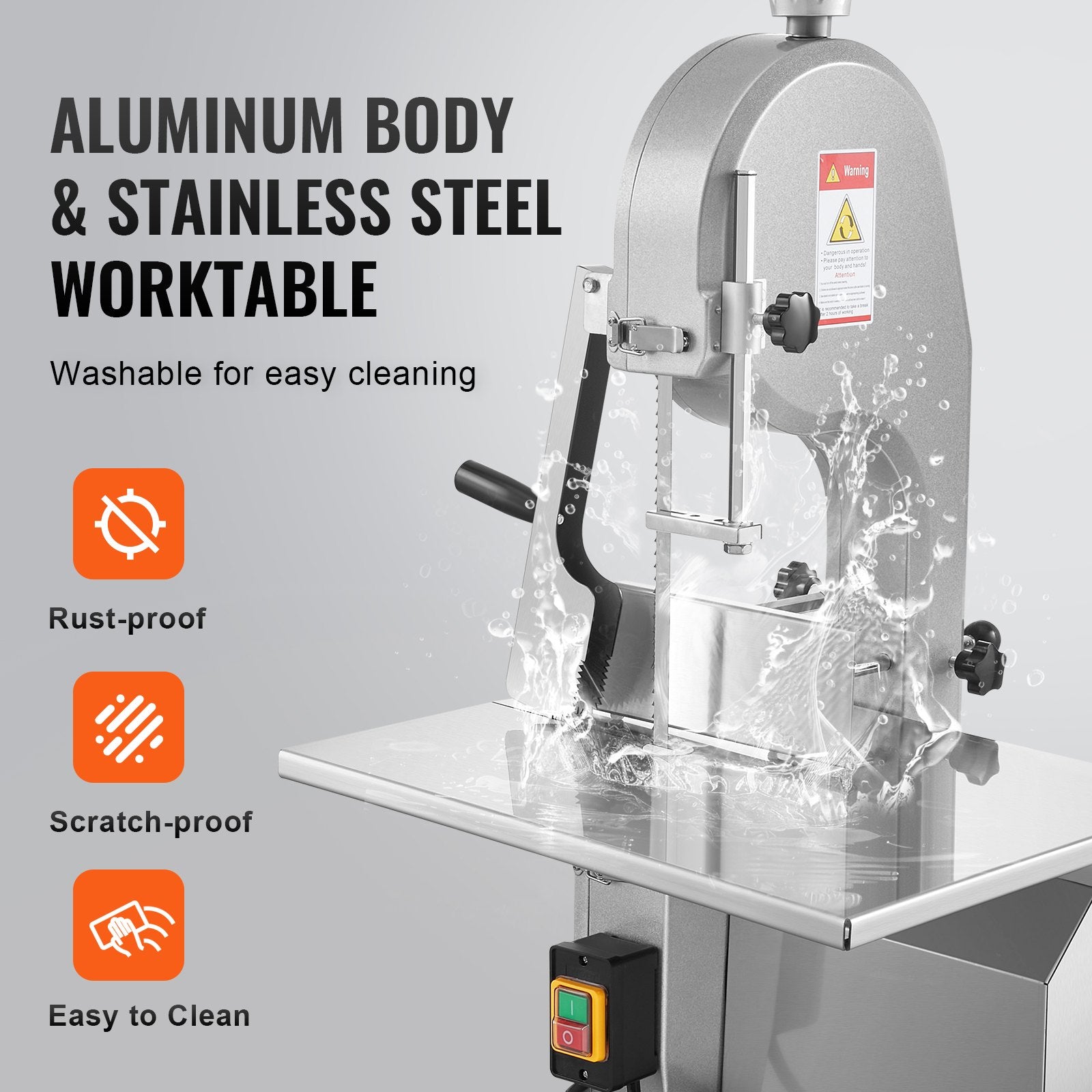 VEVOR Commercial Electric Meat Bandsaw, 1800W Stainless Steel Countertop Bone Sawing Machine, 380 x 485 mm Workbench, 180 mm Max Cutting Thickness, Frozen Meat Cutter with 5 Blades for Rib Pork Beef