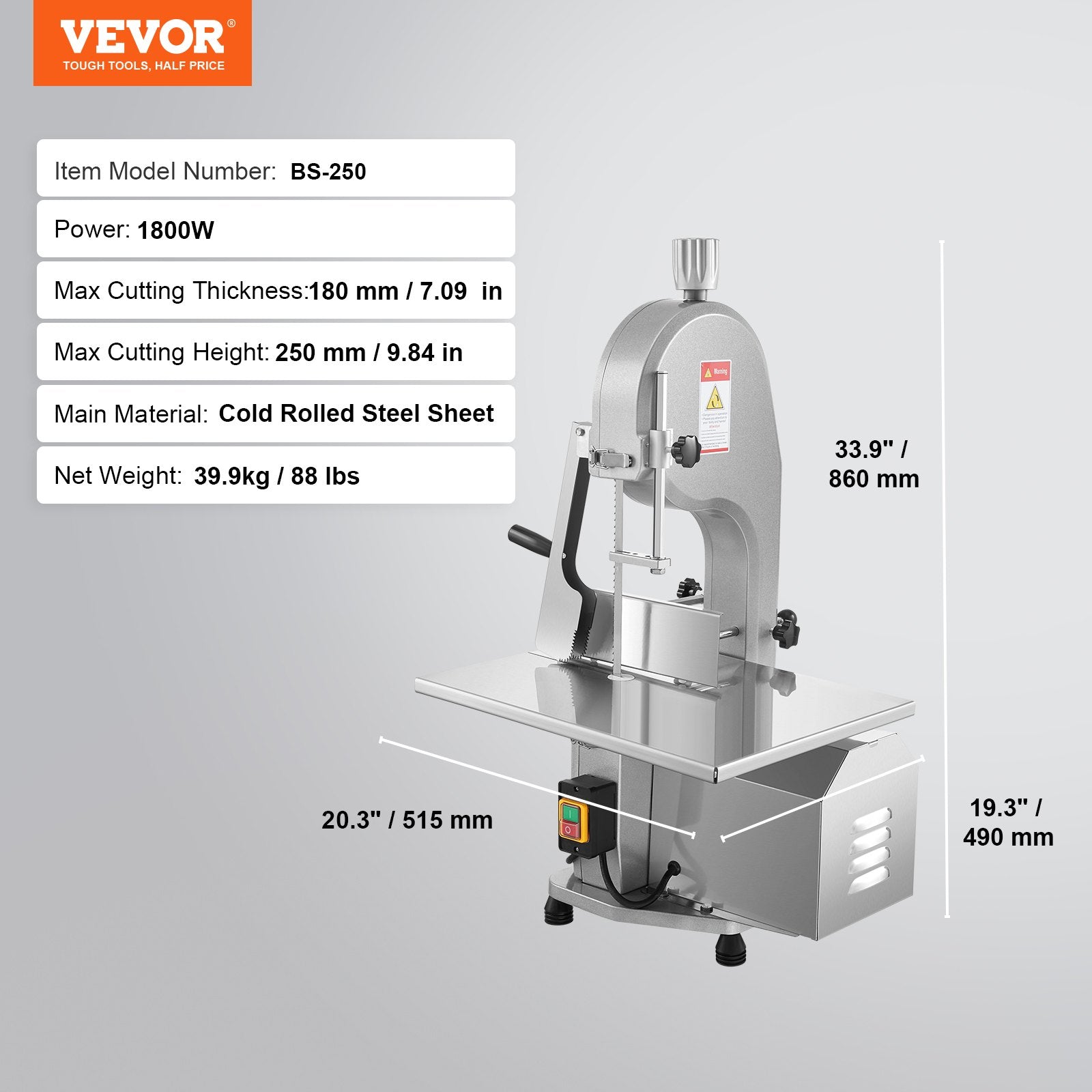 VEVOR Commercial Electric Meat Bandsaw, 1800W Stainless Steel Countertop Bone Sawing Machine, 380 x 485 mm Workbench, 180 mm Max Cutting Thickness, Frozen Meat Cutter with 5 Blades for Rib Pork Beef