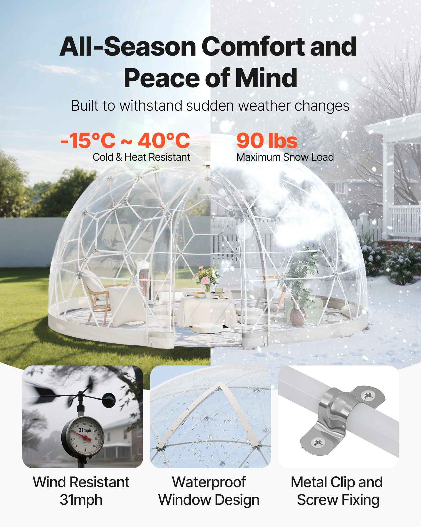 Garden Dome Tent, 2.9 x 1.75 m Outdoor Clear Bubble Tent for 2-4 Person, Weatherproof Geodesic Dome Greenhouse with Window, PVC Igloo Tents for Backyard Patios Camping Party Wedding