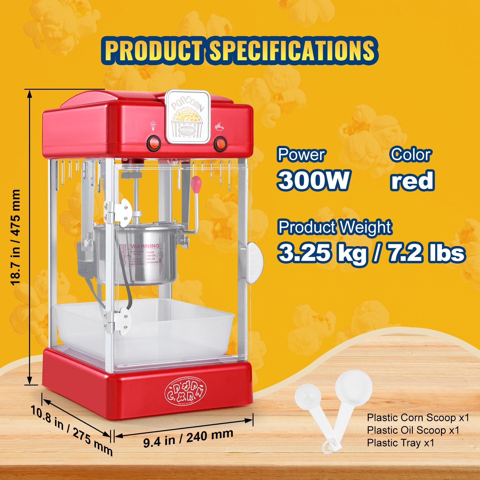 VEVOR Popcorn Popper Machine Tabletop Popcorn Maker 300W 2.5 Oz Red