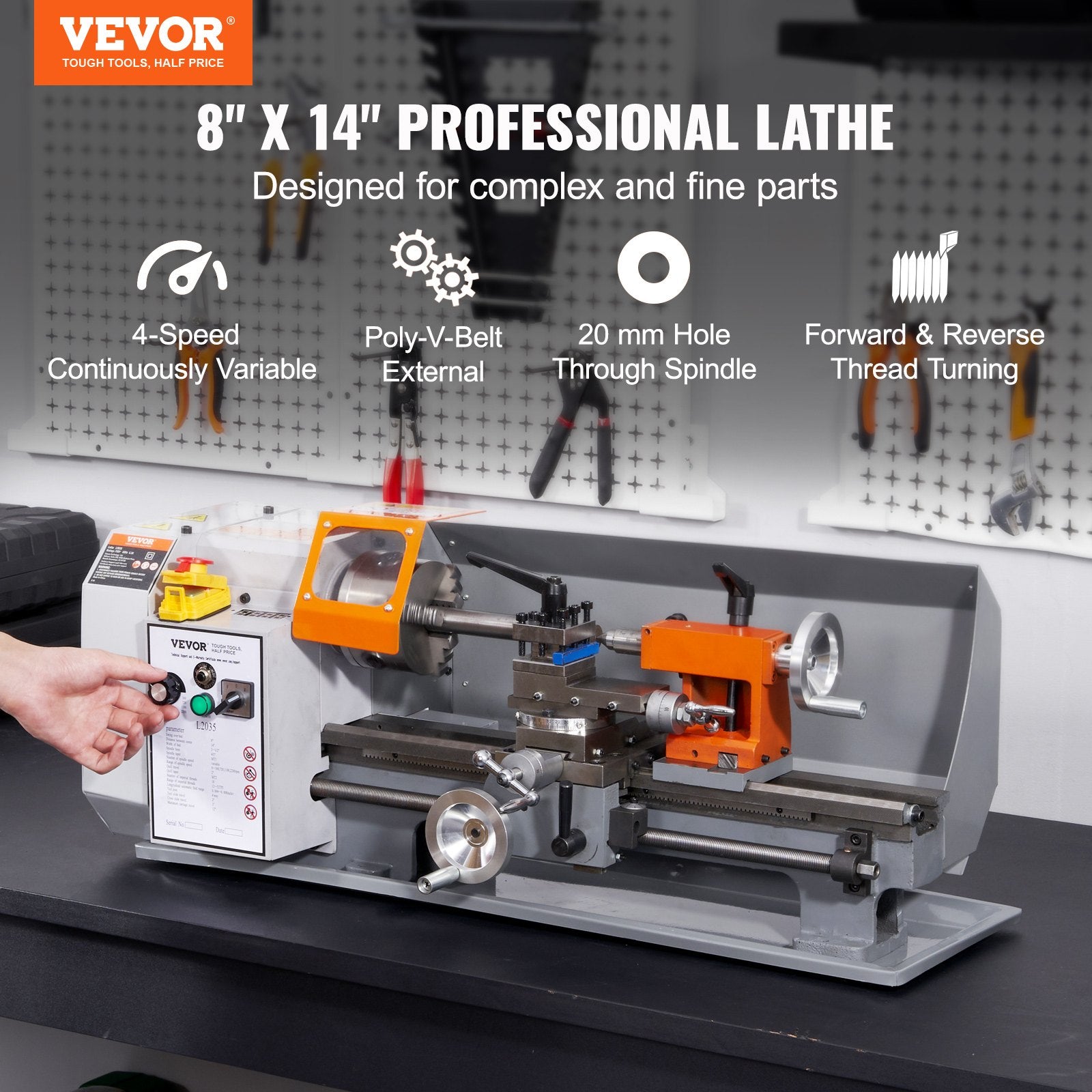VEVOR Metal Lathe Machine, 200 mm x 350 mm, Precision Benchtop Power Metal Lathe, 50-2500 RPM Continuously Variable Speed, 600W Brush Motor Metal Gears, with Tool Box for Processing Precision Parts