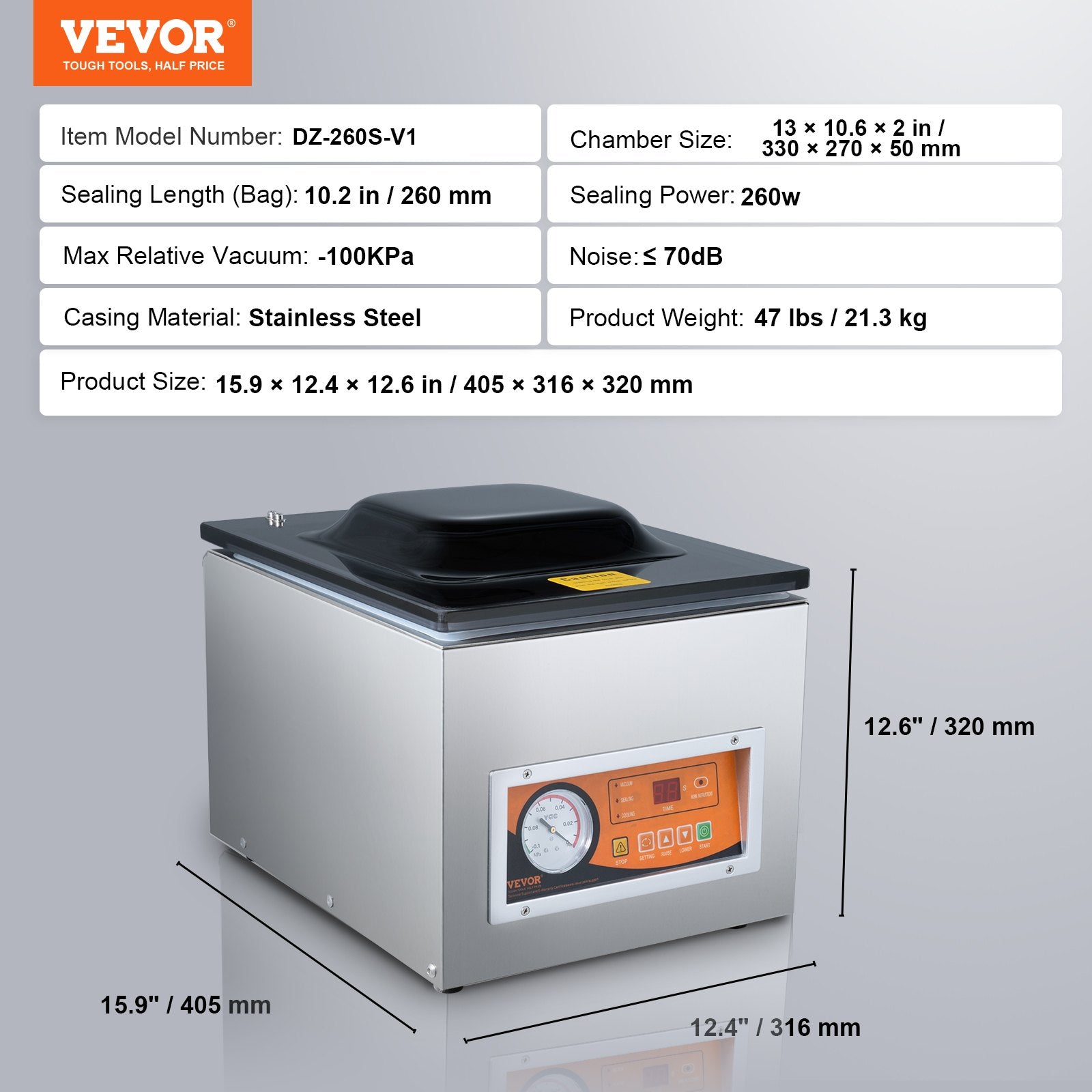 VEVOR Chamber Vacuum Sealer, 260W Sealing Power, Vacuum Packing Machine for Wet Foods, Meats, Marinades and More, Compact Size with 260 mm Sealing Length, Applied in Home Kitchen and Commercial Use