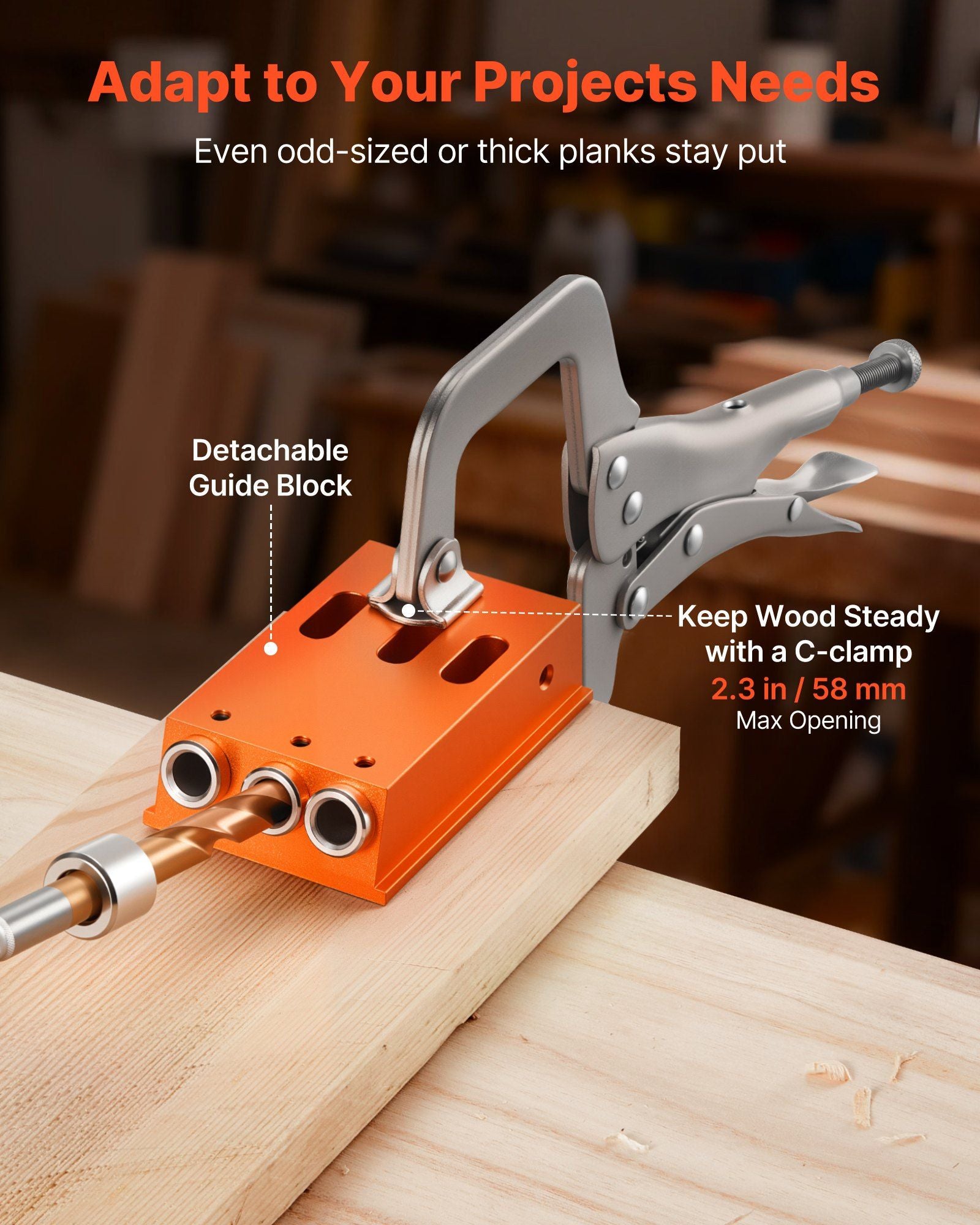 Pocket Hole Jig Kit, 12.7 to 38.1 mm Adjustable, Jig Pocket Hole System with Toolcase, C-Clamp, Step Drill, Hex Wrench, Drill Stop Ring, Square Drive Bit, Reinforced Metal Frame, for Woodworking