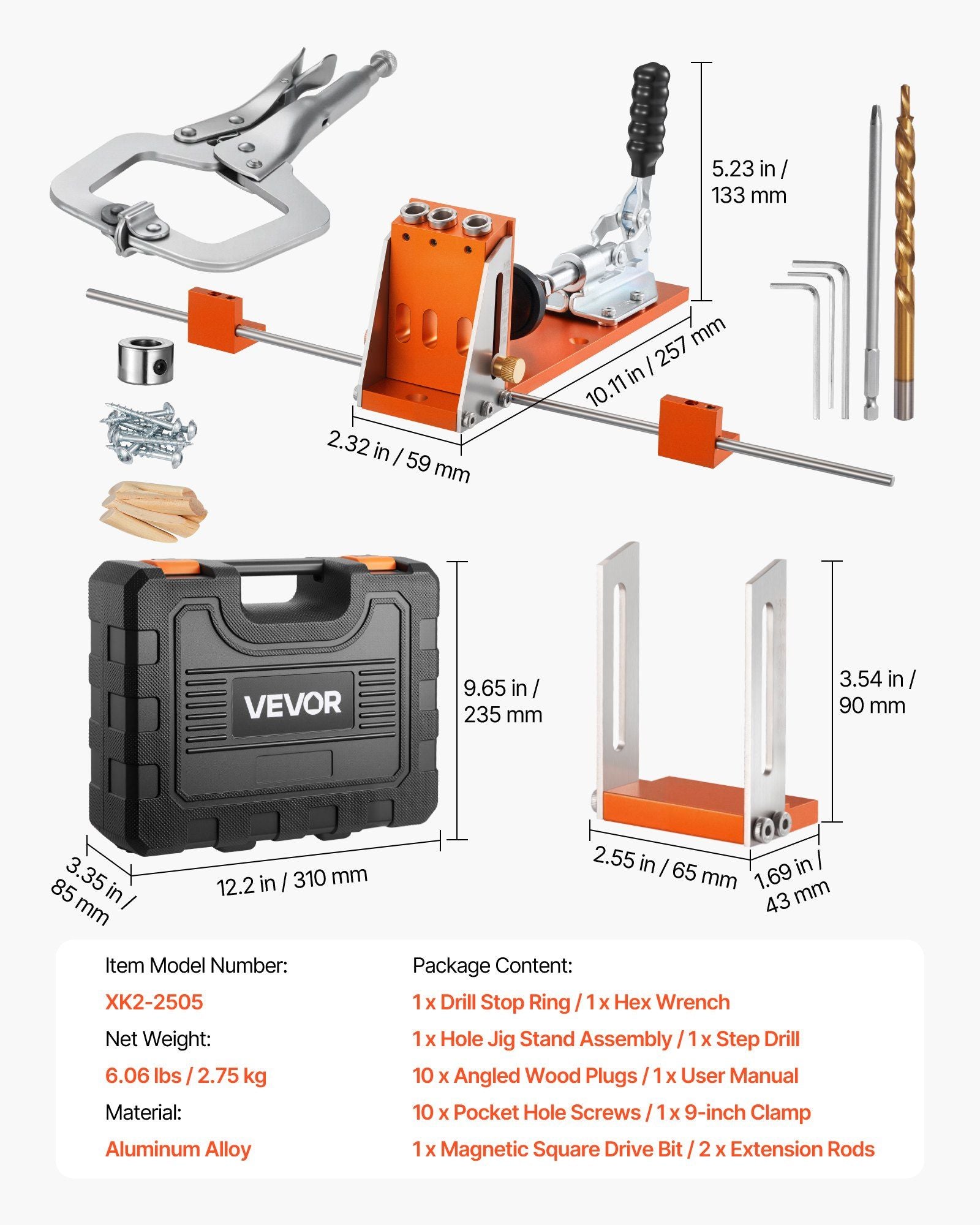Pocket Hole Jig Kit, 12.7 to 38.1 mm Adjustable, Jig Pocket Hole System with Toolcase, C-Clamp, Step Drill, Hex Wrench, Drill Stop Ring, Square Drive Bit, Reinforced Metal Frame, for Woodworking