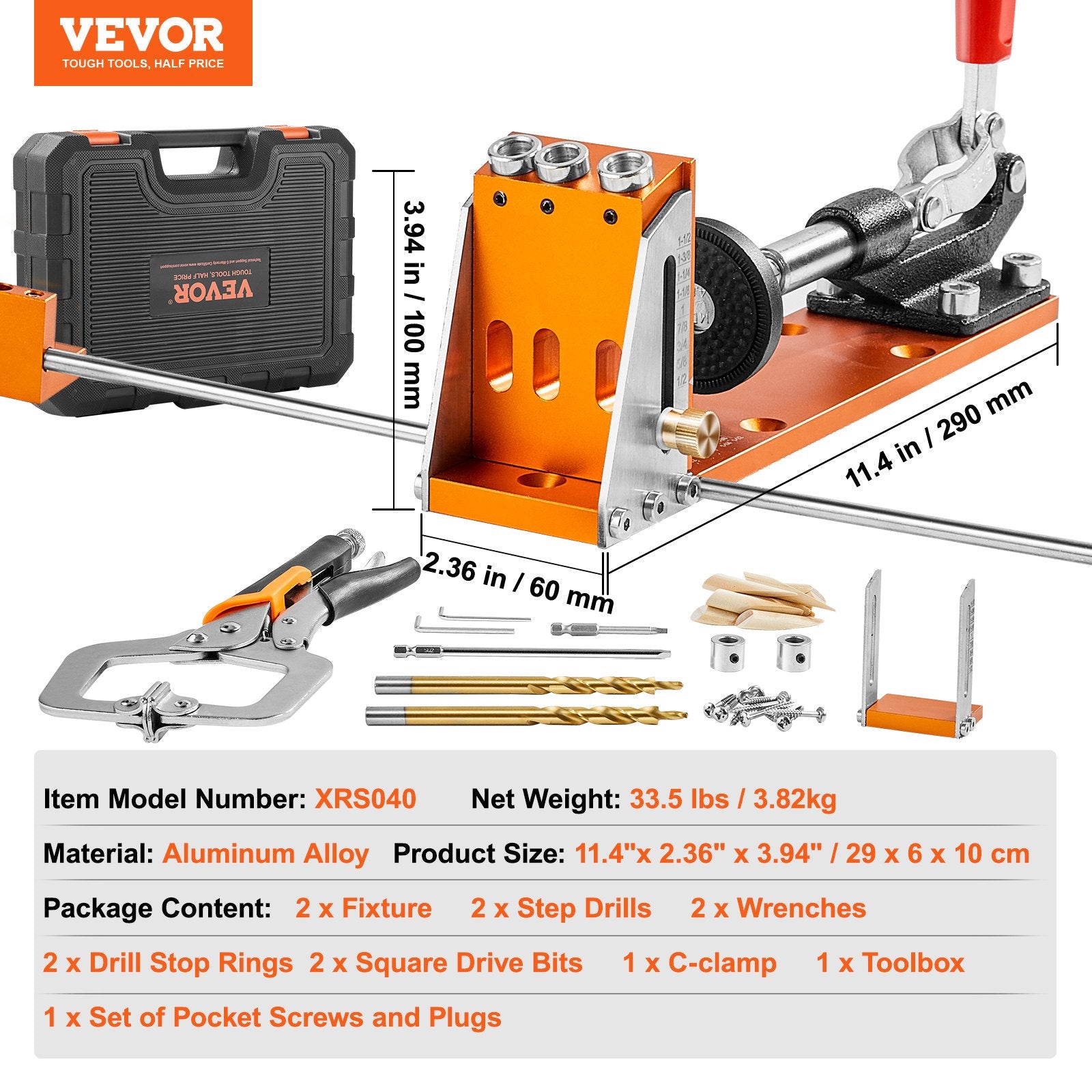 VEVOR Pocket Hole Jig Kit, 34 Pcs Pocket Hole Jig System with C-clamp, Fixture, Step Drills, Wrenches, Drill Stop Rings, Square Drive Bits, Toolbox, for DIY Carpentry Projects, Adjustable
