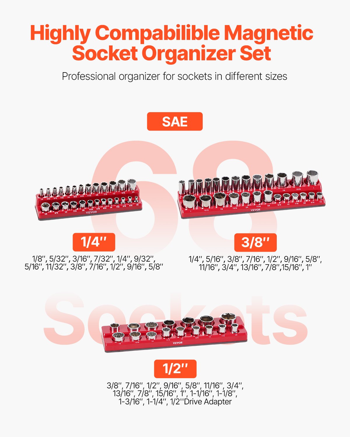 VEVOR Magnetic Socket Organizer Set, 3PCS Magnetic Socket Holder, 1/4'', 3/8'' & 1/2'' SAE Socket Trays with Clear Labels, Hold up to 68PCS Standard & Deep Sockets, Red (Sockets Not Included)