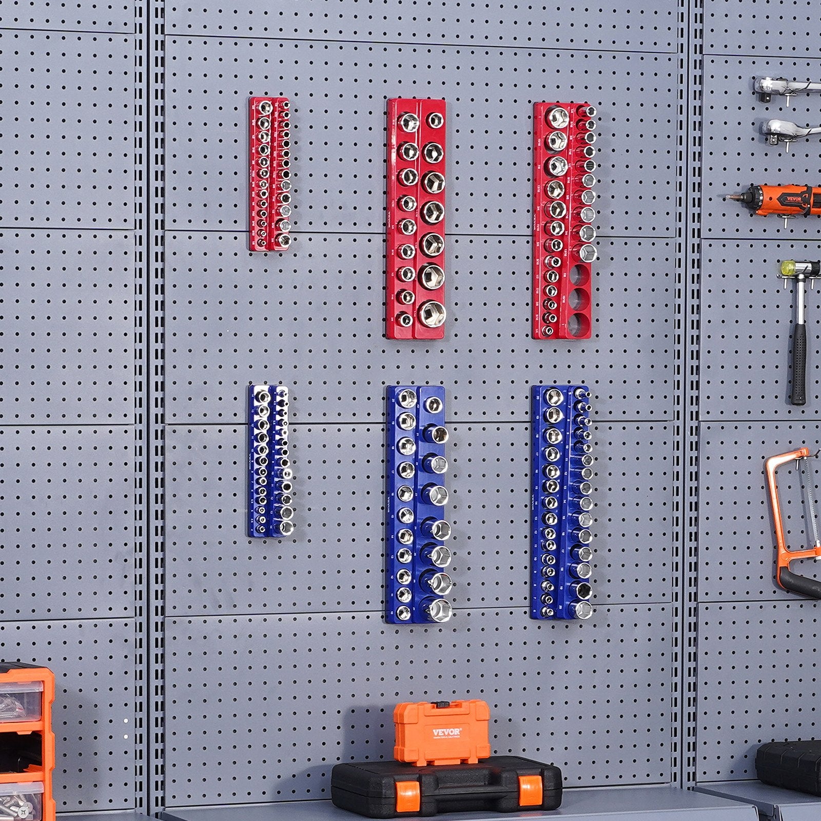 VEVOR Magnetic Socket Organizer Set, 6PCS Socket Holder, 1/4'', 3/8'' & 1/2'' Metric SAE Socket Trays with Clear Labels, Hold up to 143PCS Standard & Deep Sockets, Blue & Red (Sockets Not Included)