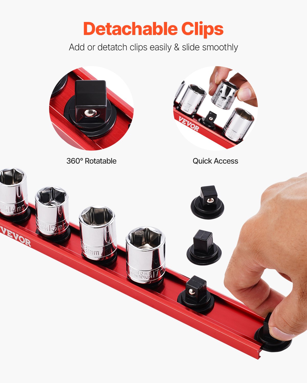 VEVOR Socket Organizer Rail Set, 3PCS Metric & SAE Aluminum Socket Organizers, 1/4'', 3/8'' & 1/2'' Heavy-Duty Socket Holder with 360° Rotating Clips for Tool Box, Hold up to 40 Sockets, Red & Black