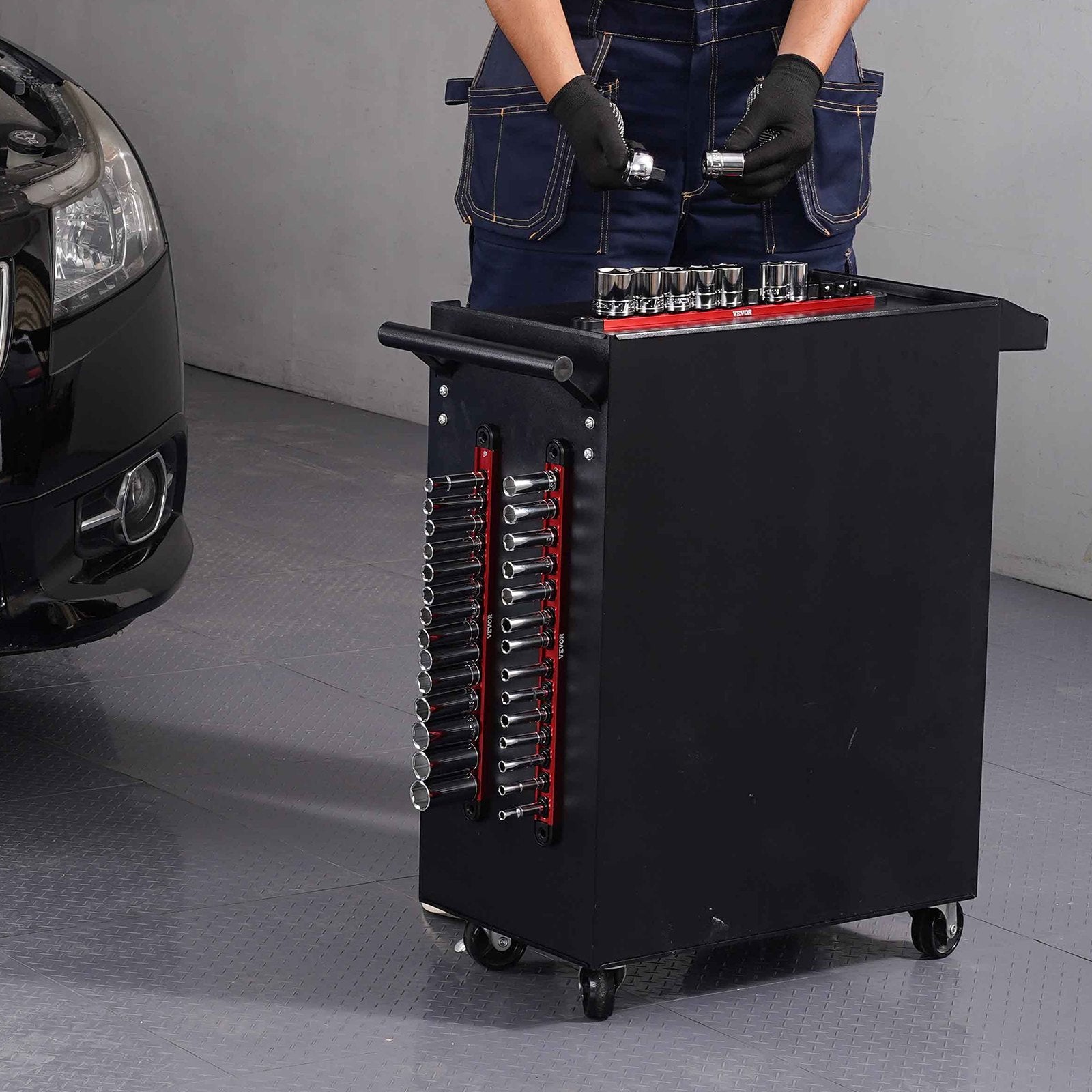 VEVOR Socket Organizer Rail Set, 3PCS Metric & SAE Aluminum Socket Organizers, 1/4'', 3/8'' & 1/2'' Heavy-Duty Socket Holder with 360° Rotating Clips for Tool Box, Hold up to 40 Sockets, Red & Black