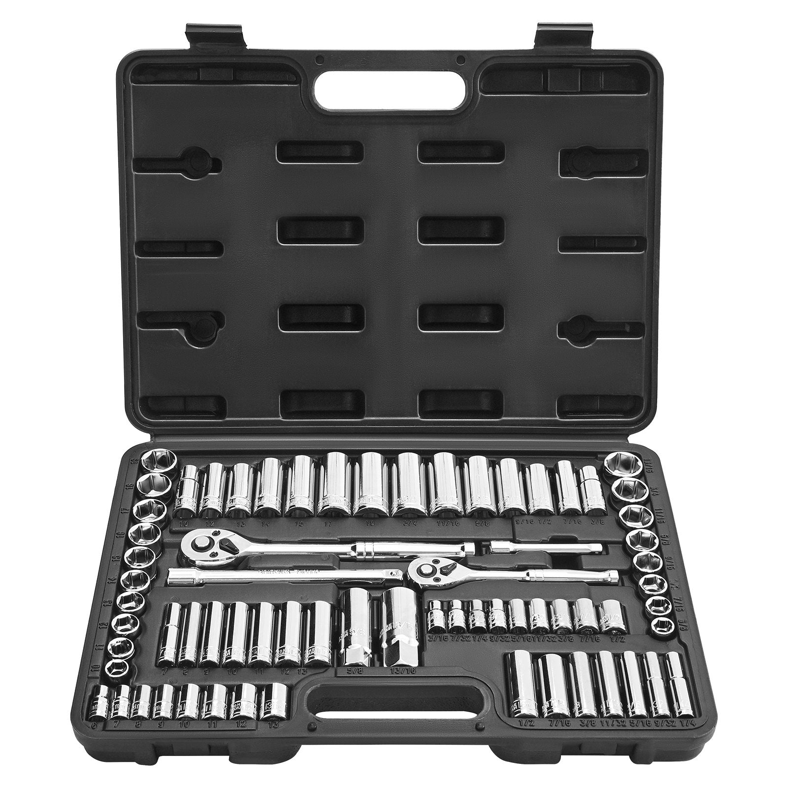 VEVOR Socket Set, 69 Pieces, 9.5 & 6.4 mm Drive Socket and Ratchet Set, SAE and Metric, Deep and Standard, Mechanic Tool Kit with Accessories and Storage Case, CR-V Alloy Steel, for Auto Repair