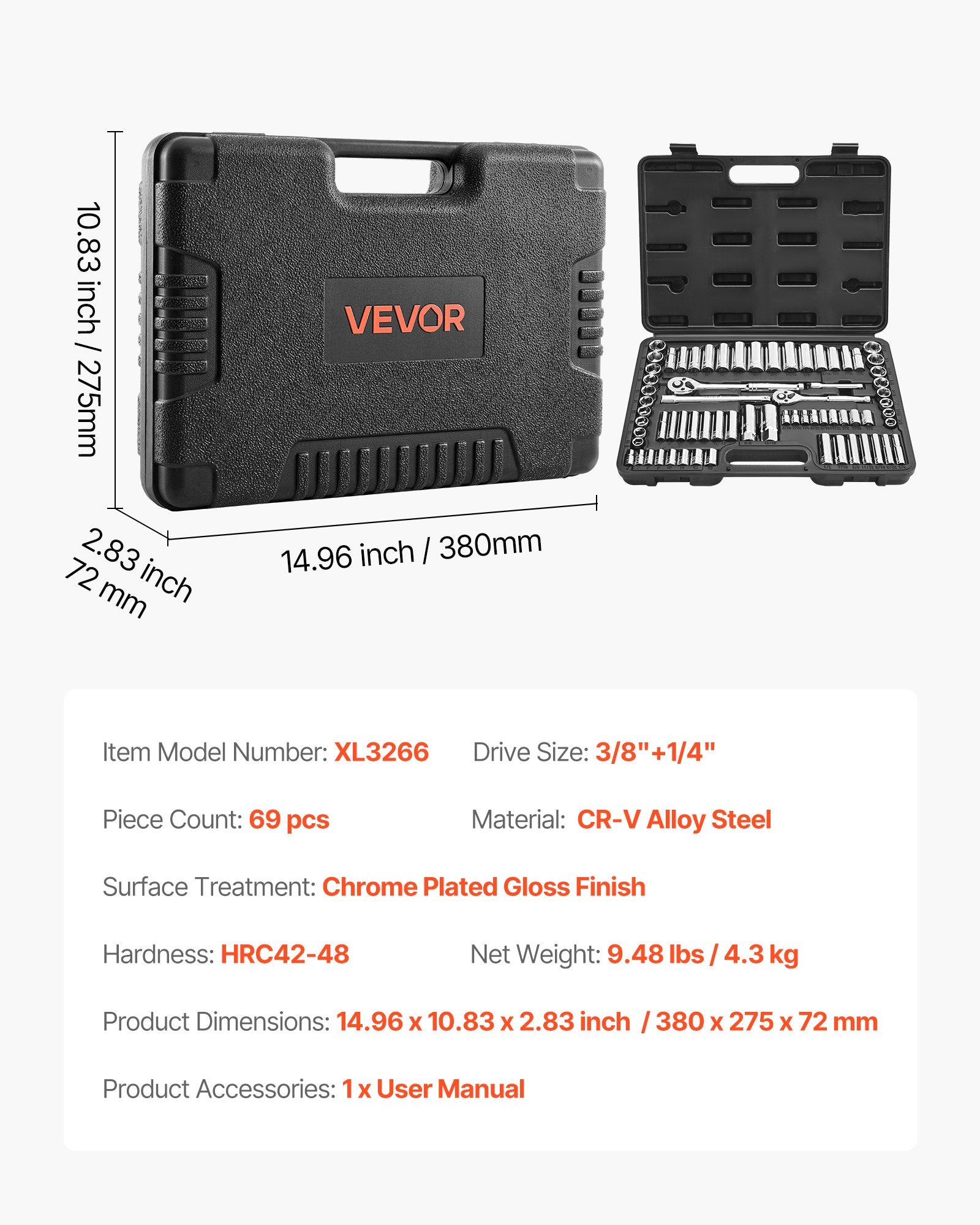 VEVOR Socket Set, 69 Pieces, 9.5 & 6.4 mm Drive Socket and Ratchet Set, SAE and Metric, Deep and Standard, Mechanic Tool Kit with Accessories and Storage Case, CR-V Alloy Steel, for Auto Repair