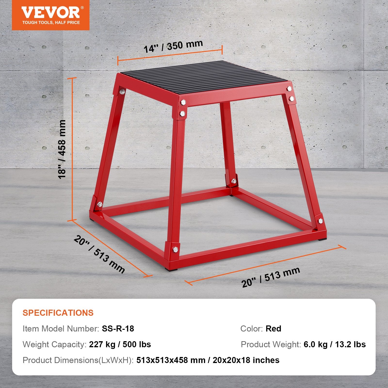 VEVOR Plyometric Jump Box, 18 Inch Plyo Box, Steel Plyometric Platform and Jumping Agility Box, Anti-Slip Fitness Exercise Step Up Box for Home Gym Training, Conditioning Strength Training, Red