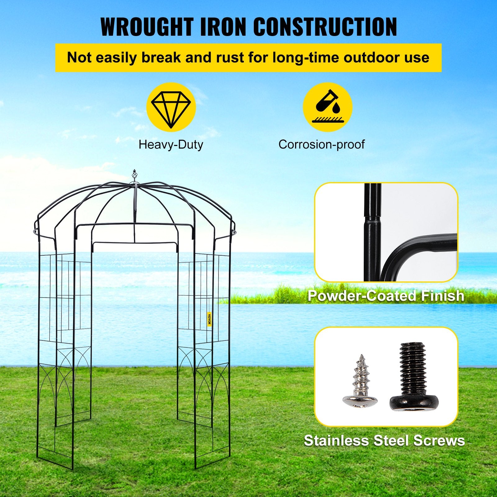 VEVOR Birdcage Shape Garden Arbor, 2.44m High, 1.59m Wide, Heavy Duty Wrought Iron Arbor, Wedding Arch Trellis for Climbing Vines in Outdoor Garden, Backyard, Lawn, Patio, Black