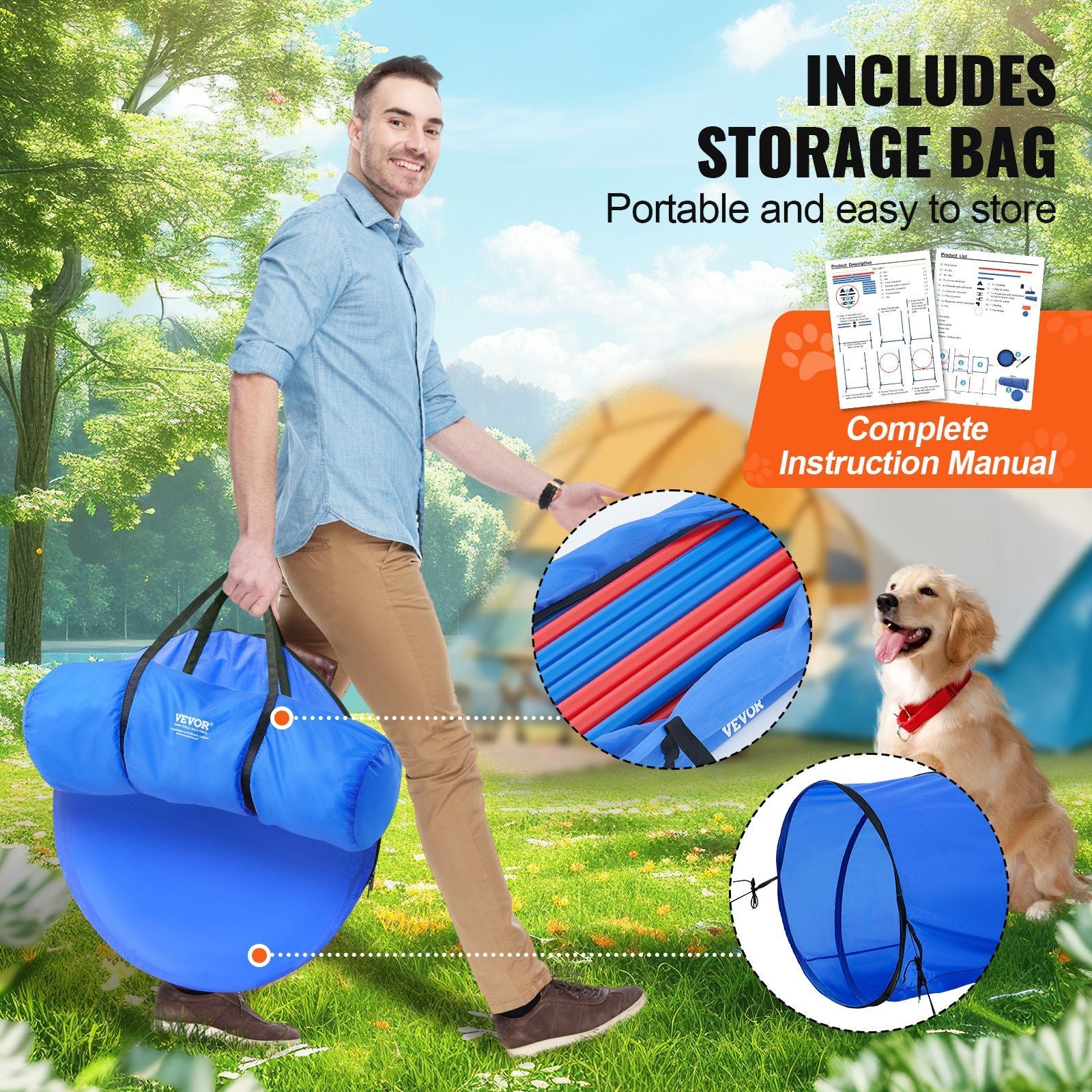 Dog Agility Training Equipment, 5 PCS Set with Adjustable High Hurdles,6 Weave Poles, Tunnel, Jump Ring, Pause Box, Whistle, Foldable Bowl, Puppy Obstacle Course Kit with Storage Bags