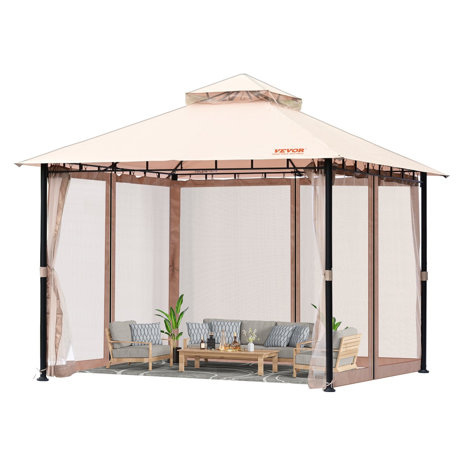VEVOR Patio Gazebo for 6-8 Person, 3.05 x 3.05 m Backyard Gazebo, with Mosquito Netting, Metal Frame, and PU Coated 180G Polyester, Outdoor Canopy Shelter for Patio, Backyard, Lawn, Garden, Deck