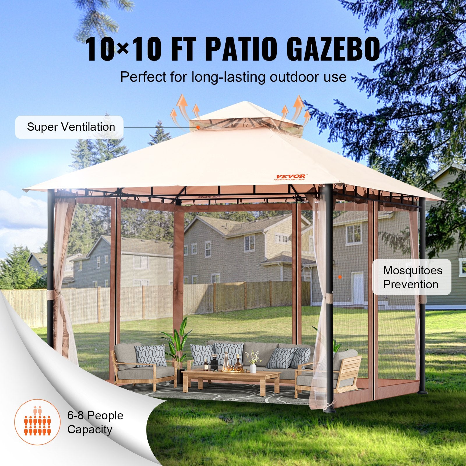 VEVOR Patio Gazebo for 6-8 Person, 3.05 x 3.05 m Backyard Gazebo, with Mosquito Netting, Metal Frame, and PU Coated 180G Polyester, Outdoor Canopy Shelter for Patio, Backyard, Lawn, Garden, Deck