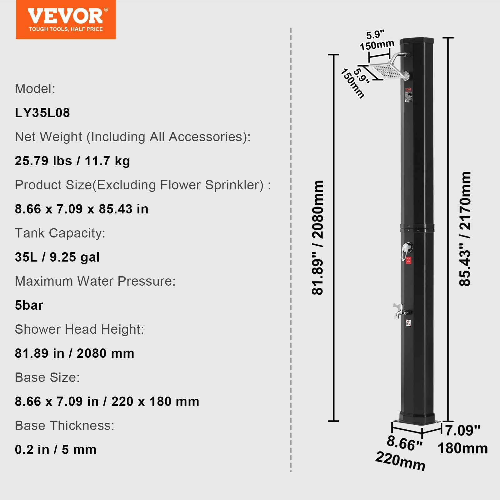 VEVOR Outdoor Solar Heated Shower, 35L Poolside Shower Kit with Shower Head and Foot Shower Tap, Double Buckle Fast Assembly W/ Pre-Drilled Holes for Outdoor Backyard Poolside Beach Spa