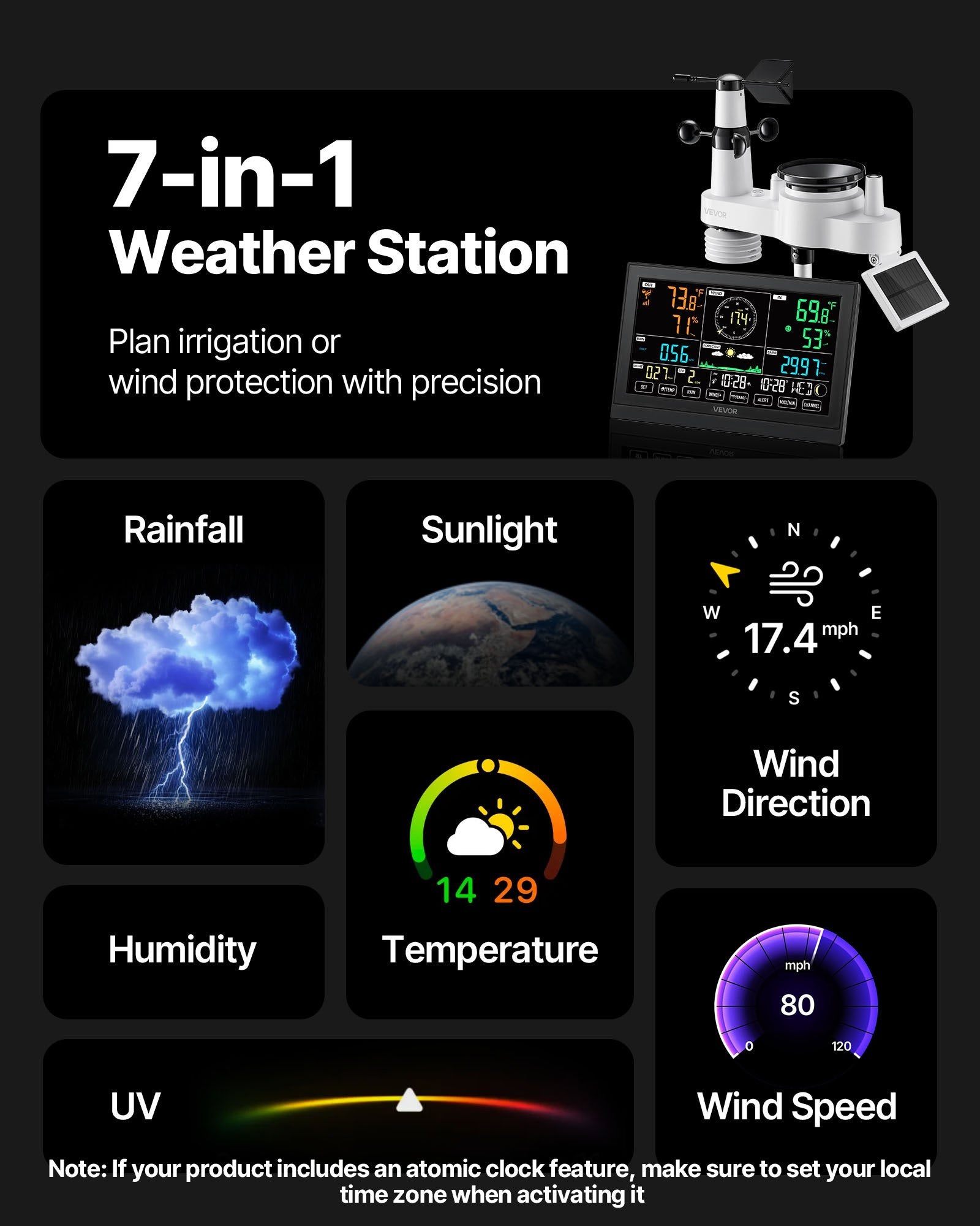 VEVOR 7-in-1 Wireless Weather Station, 190.5 mm VA Display, Solar Powered Outdoor Sensor, Rain Gauge, Indoor Outdoor for Weather Forecast, Temperature, Humidity, Wind Speed and Direction (No WiFi)
