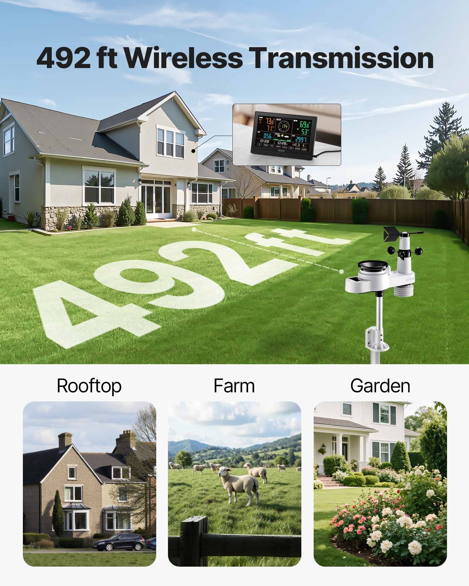 VEVOR 5-in-1 Wireless Weather Station, 190.5 mm VA Display, Solar Powered Outdoor Sensor, Rain Gauge, Indoor Outdoor for Weather Forecast, Temperature, Humidity, Wind Speed and Direction (No WiFi)