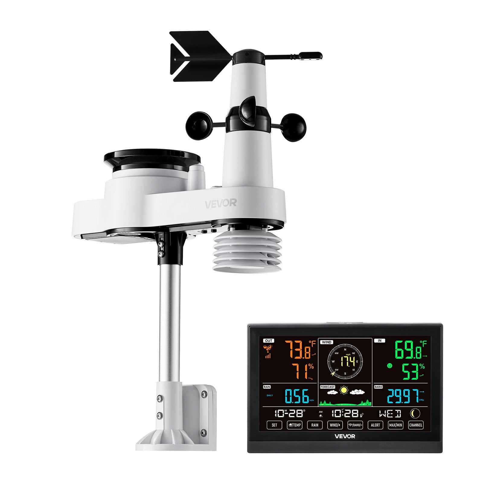 VEVOR 5-in-1 Wireless Weather Station, 190.5 mm VA Display, Solar Powered Outdoor Sensor, Rain Gauge, Indoor Outdoor for Weather Forecast, Temperature, Humidity, Wind Speed and Direction (No WiFi)