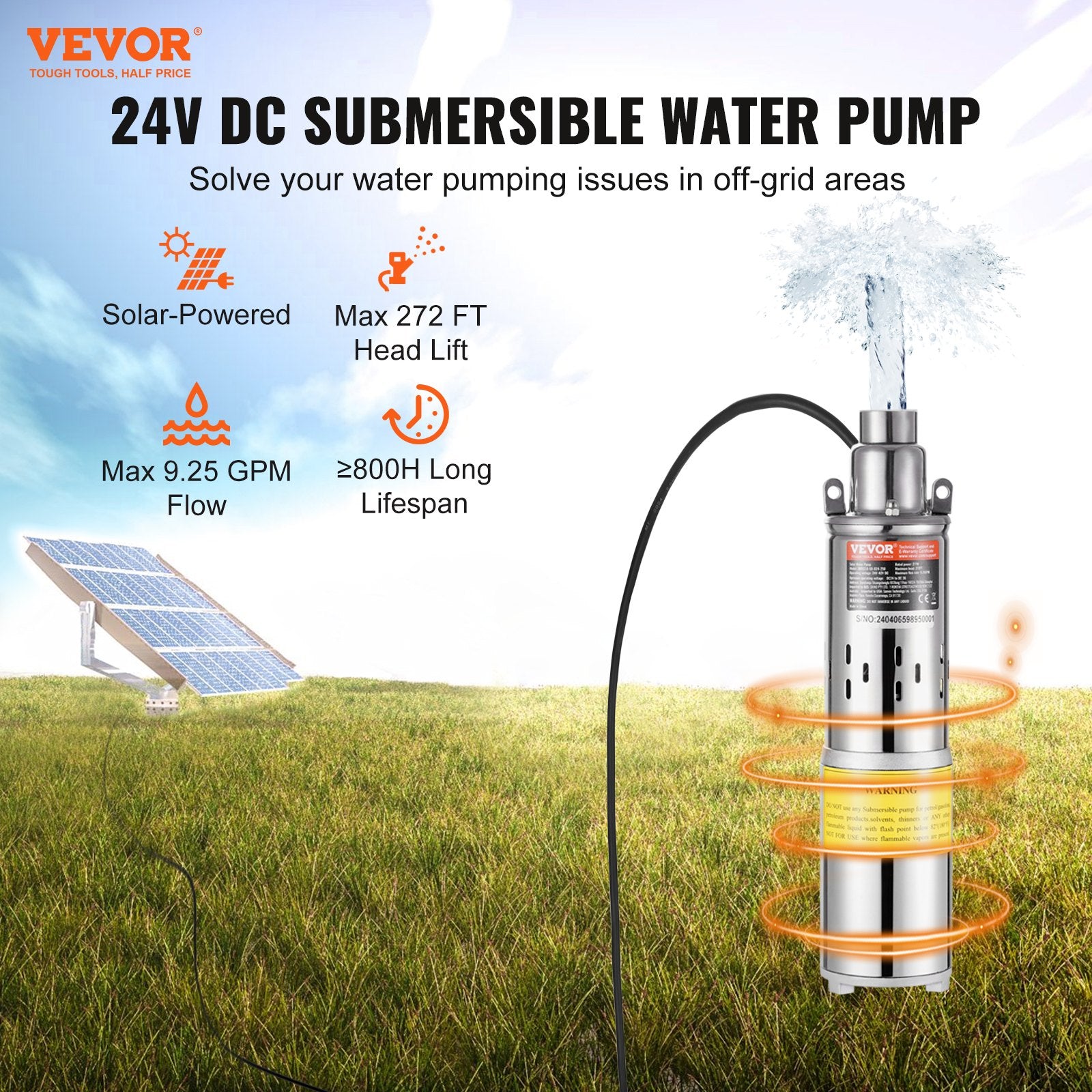 VEVOR Solar Water Pump, DC 277W Submersible Deep Well Pump, Max Flow 2.1 m³/H, Max Head 83 m, Max Submersion Depth 20 m, Solar Powered Water Pump for Well, Farm Ranch Irrigation, Livestock Drinking