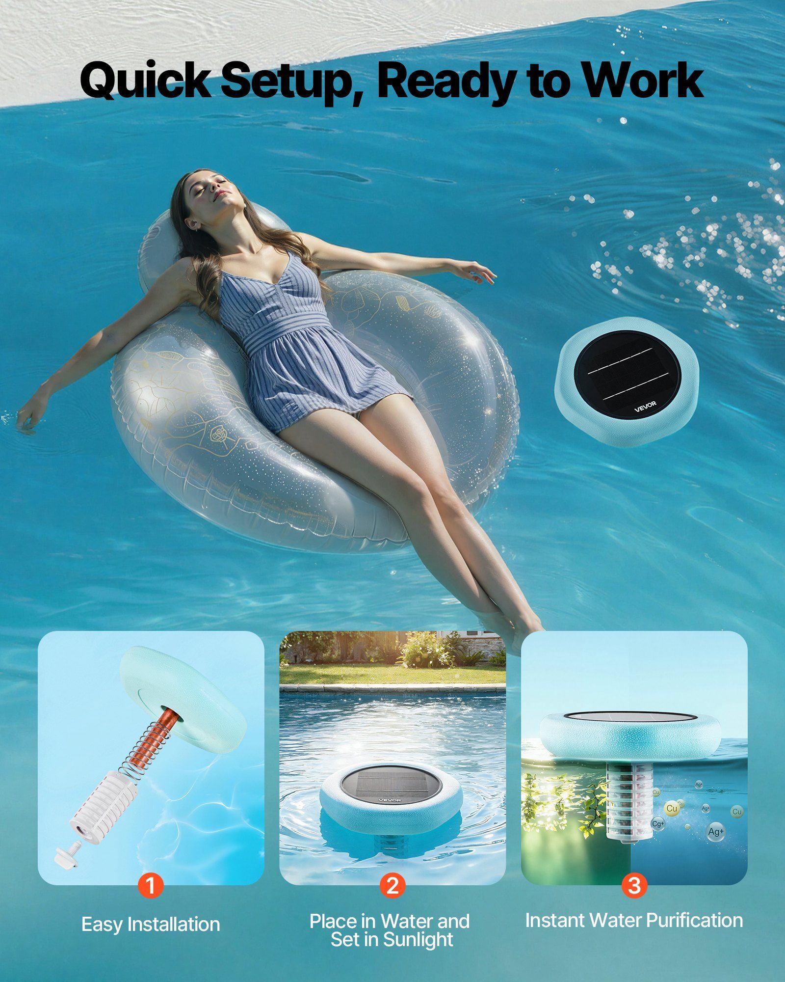 Solar Pool Ionizer, Hexagon Copper Pool Ionizer Up to 170343 L, Floating Automatic Water Cleaner and Purifier, Chlorine Free Water, with Copper Anode, Spring, Brush and Filter for Pools & Spas